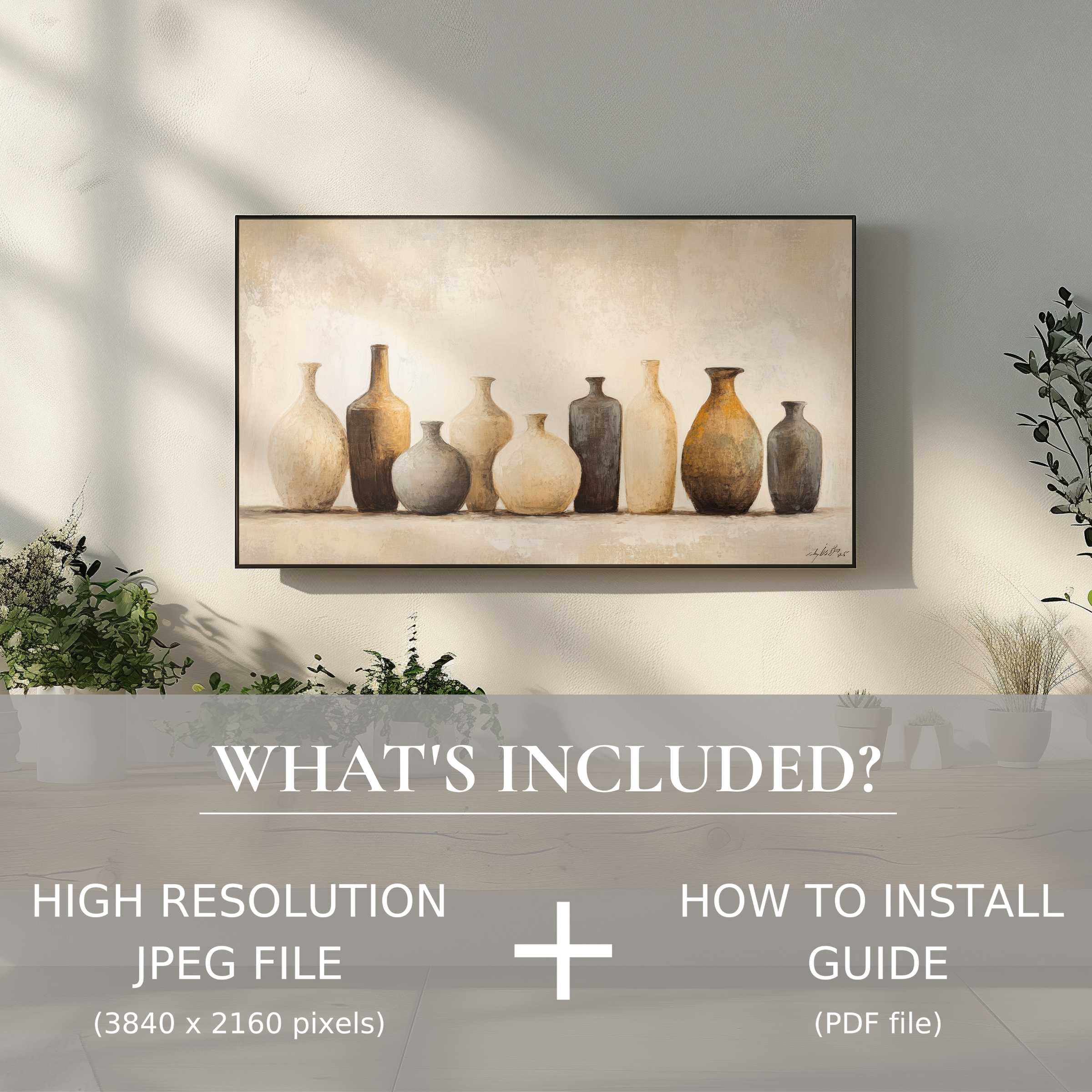 Elegant boho digital TV art download showcasing neutral vases, enhancing your space with easy, stylish digital decor use