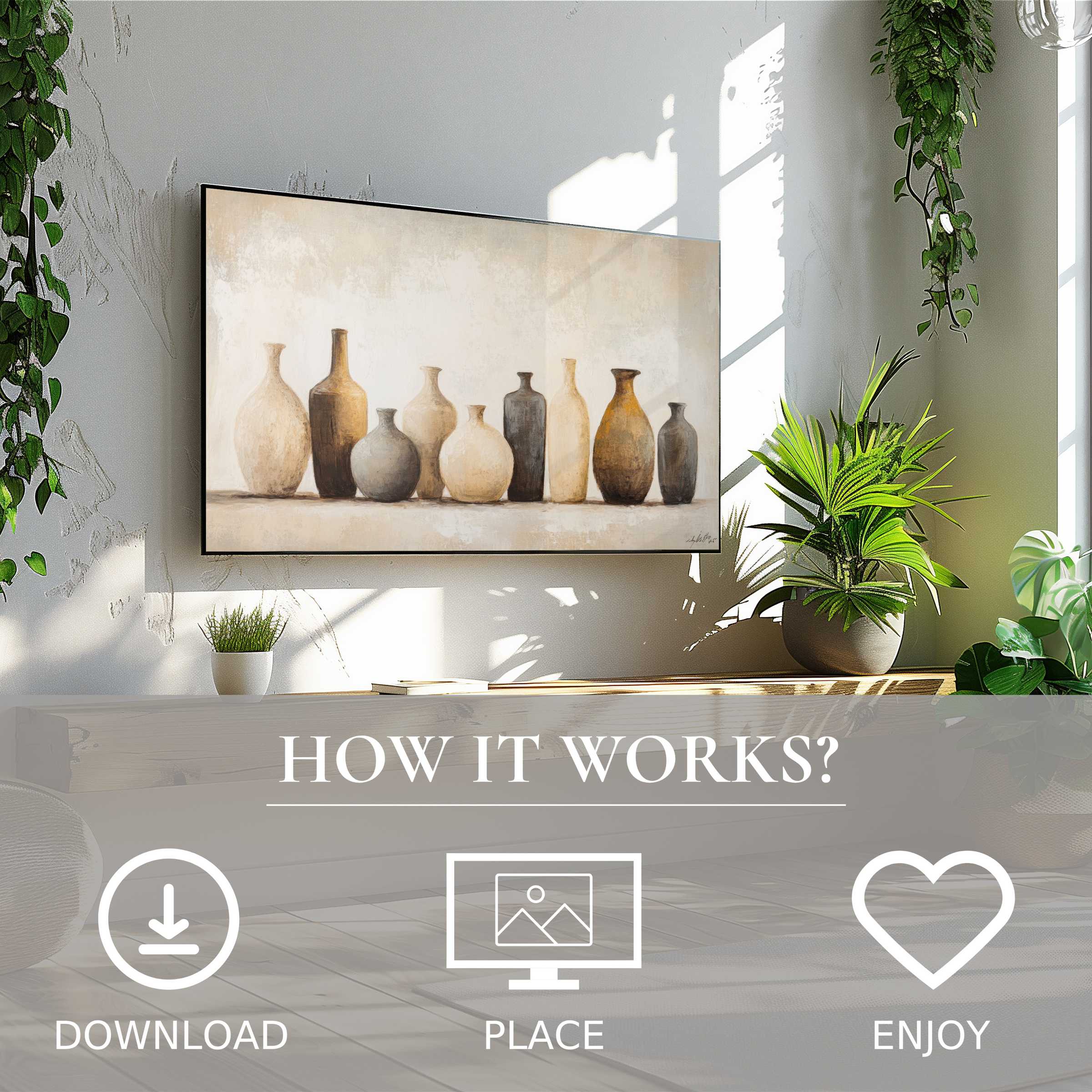 Boho art for Samsung TV with earthy pottery tones, easy digital download, enriches bright, greenery-filled living space