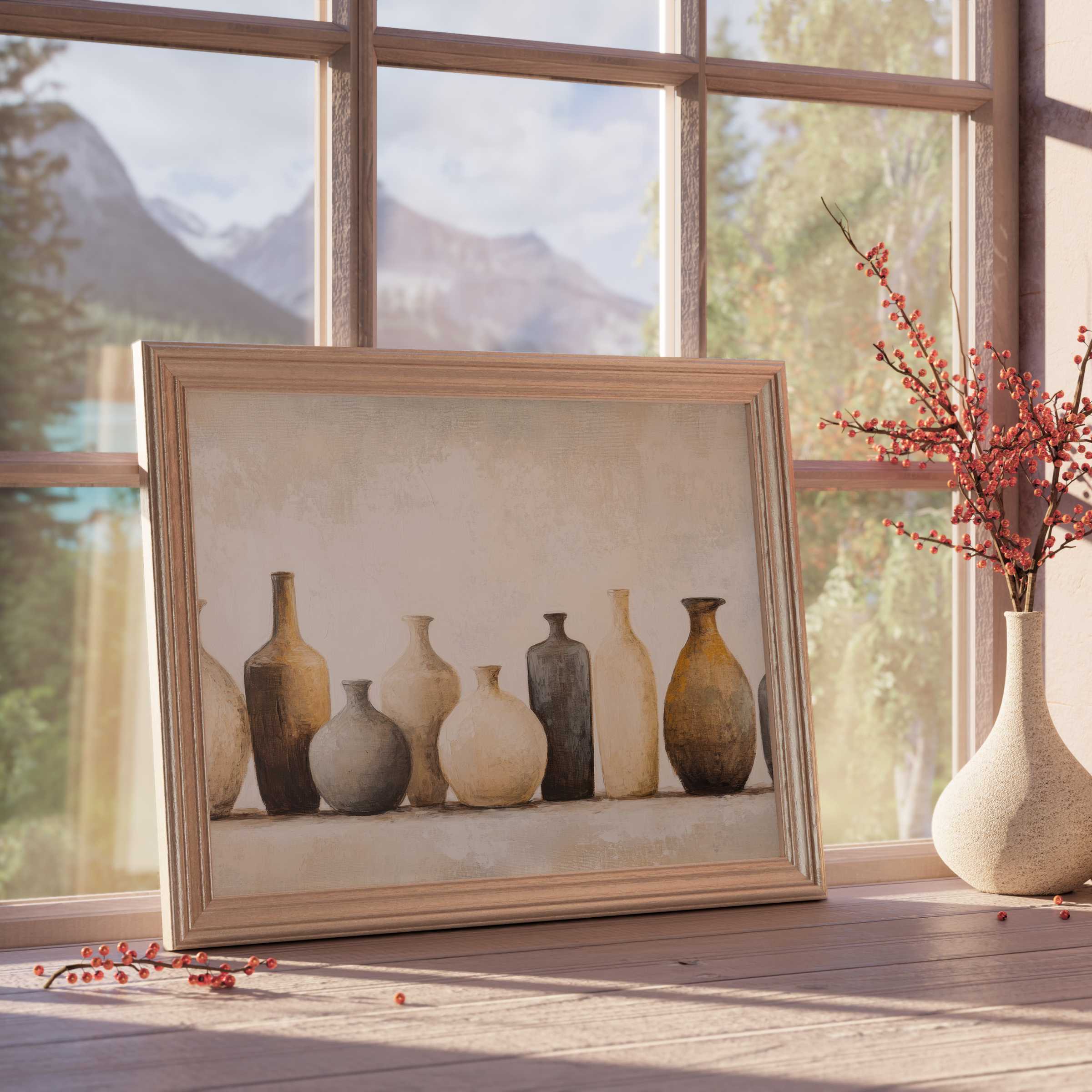 Boho downloadable art featuring serene earthen vases in warm neutrals, elevating tranquil, design-forward living spaces with natural elegance