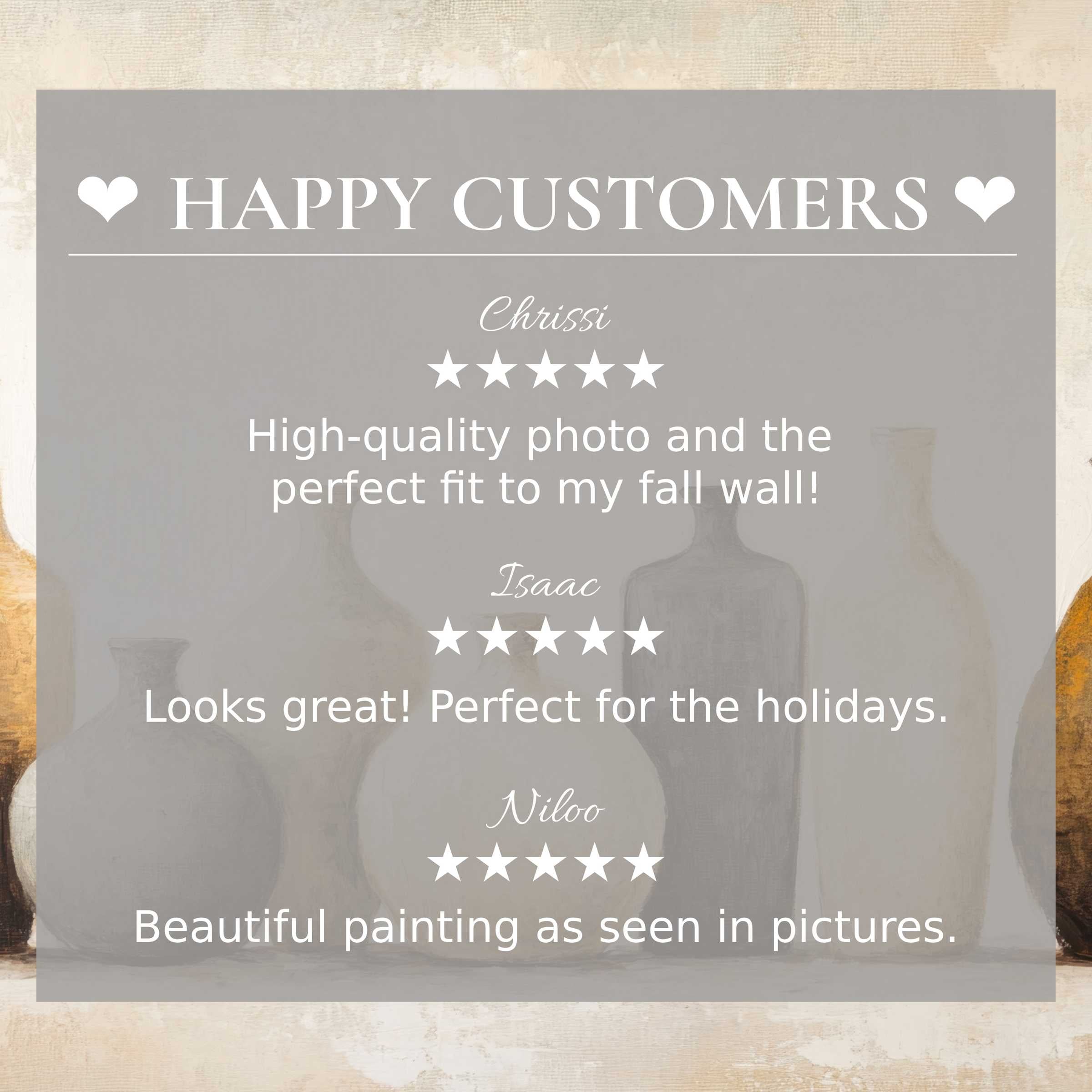 Boho art for Frame TV with muted abstract sunset vases, showcasing happy customer reviews and elegant style trust