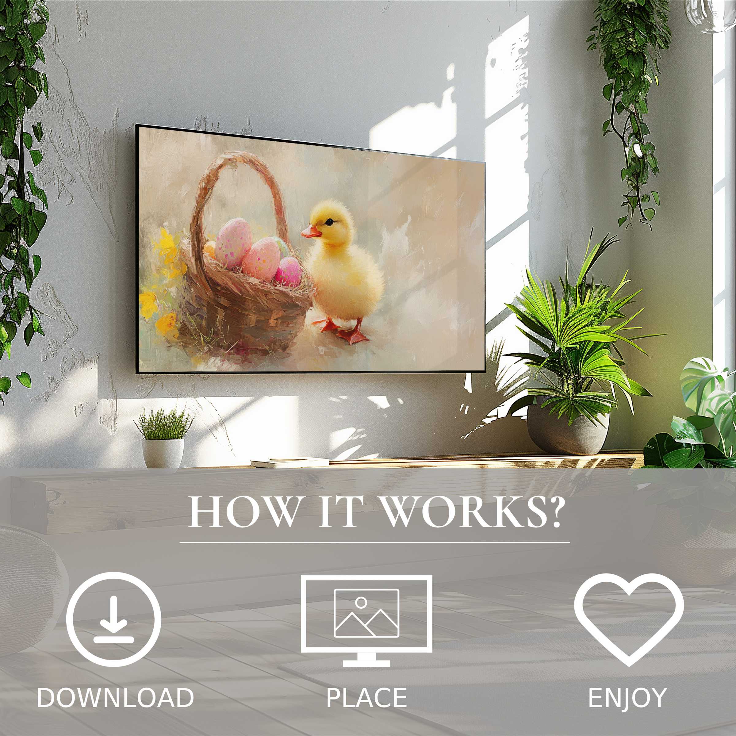 Easter art for Samsung TV shows soft pastel duckling and eggs; easy digital download enriches any modern living space