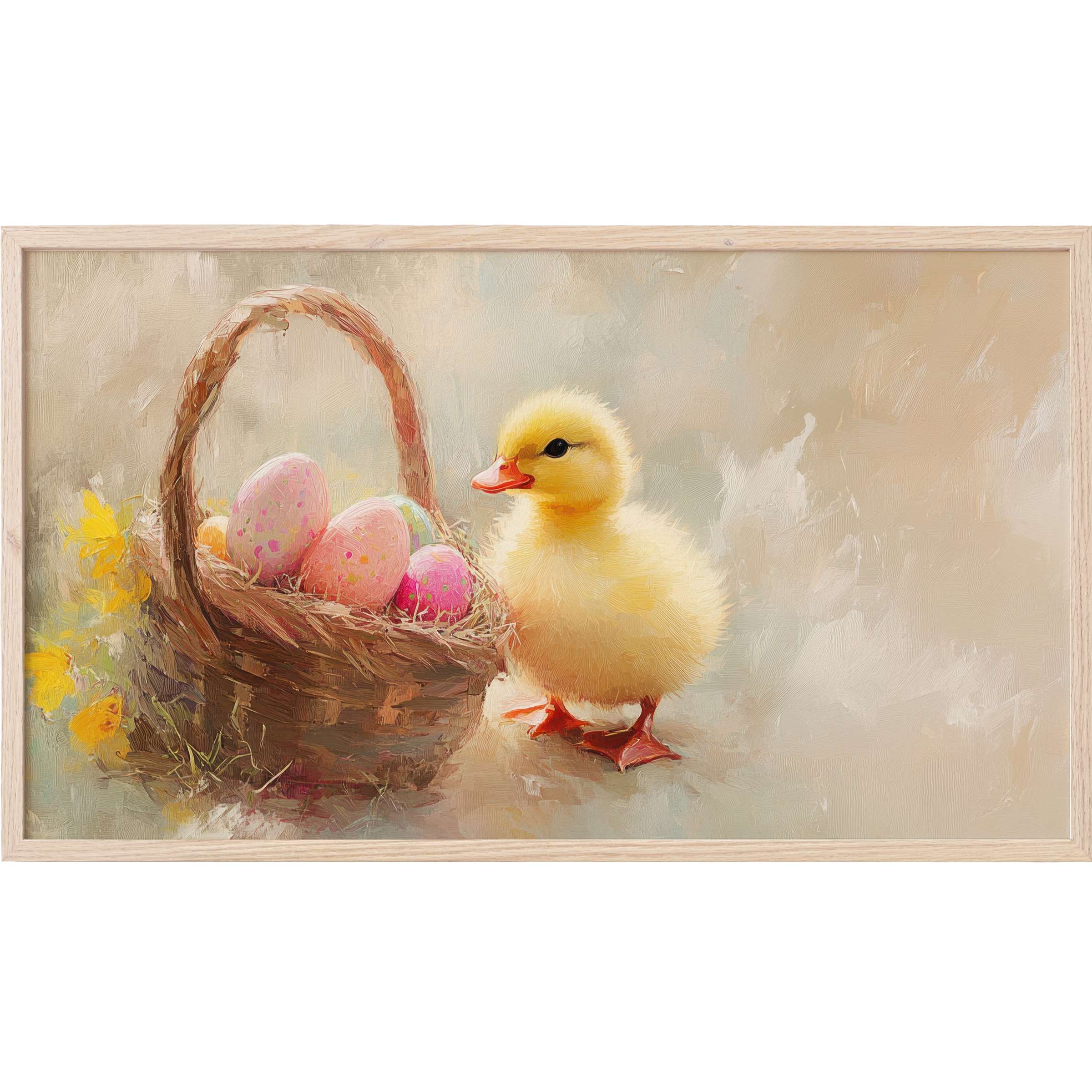 Soft pastel tones in a romantic, painterly style featuring a fluffy duckling and eggs - easter Frame TV Art