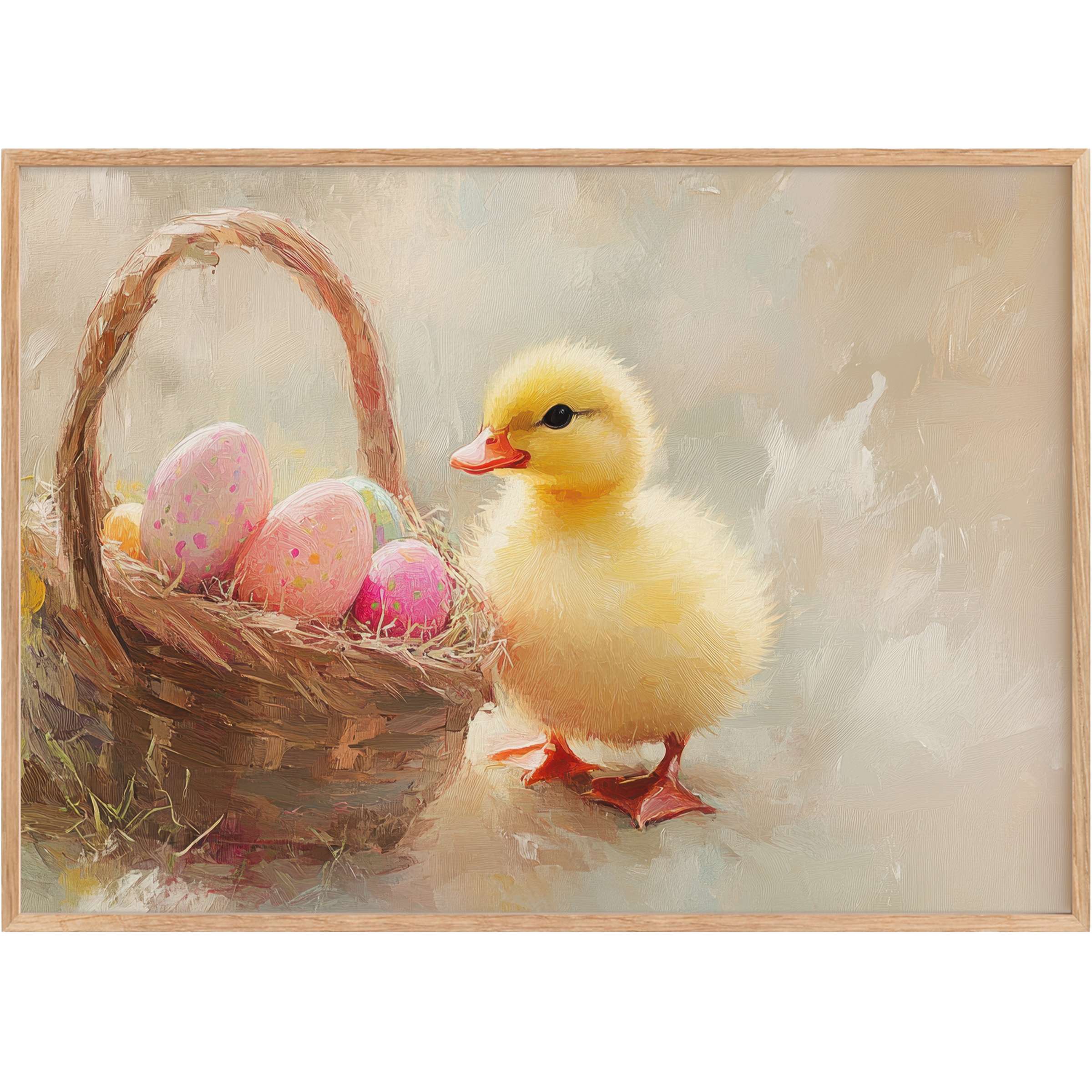 Charming easter printable wall art with a fluffy yellow duckling and pastel eggs, evoking warmth and tender spring serenity