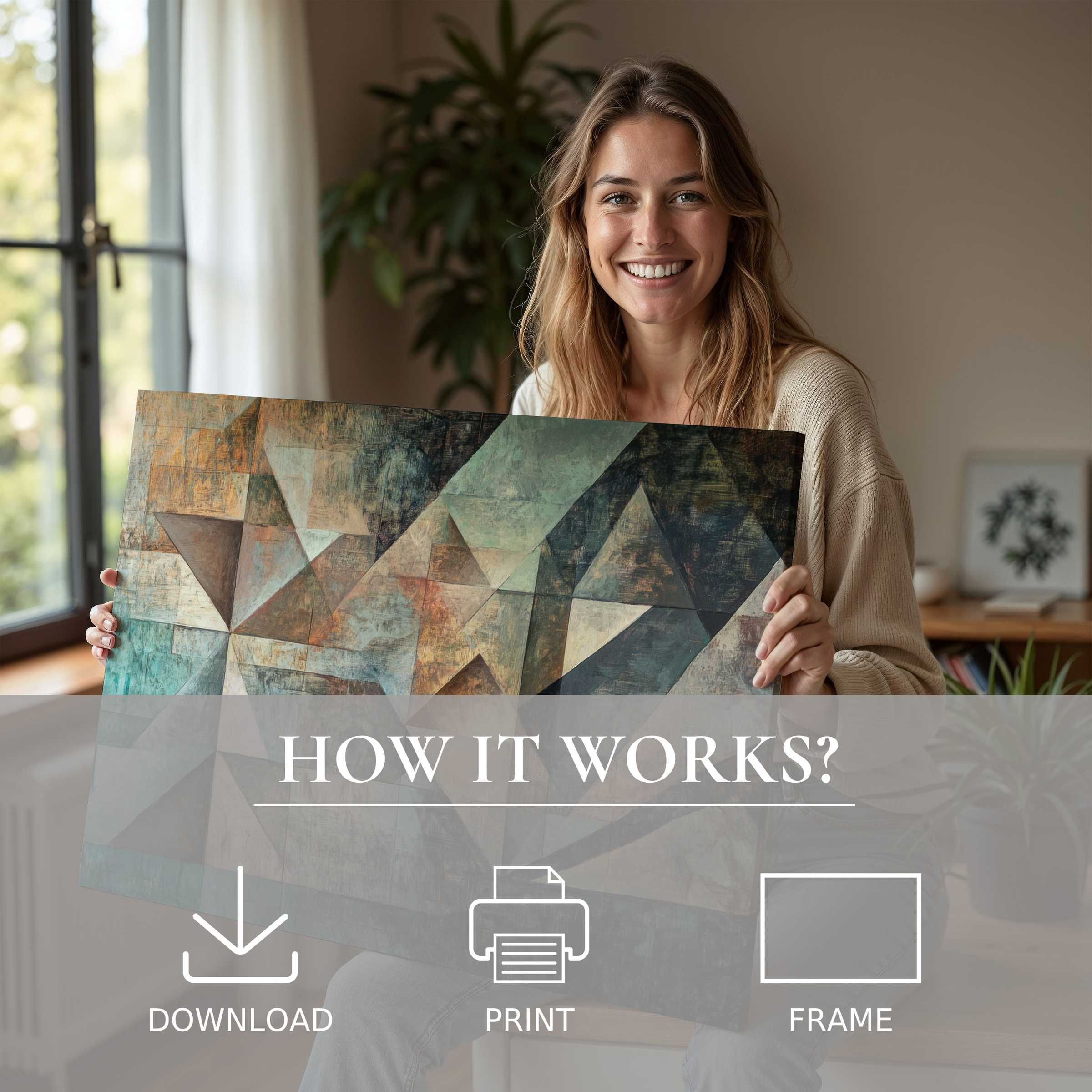 Joyful woman in a modern home revealing an abstract digital art print, celebrating effortless elegance and soulful connection with art