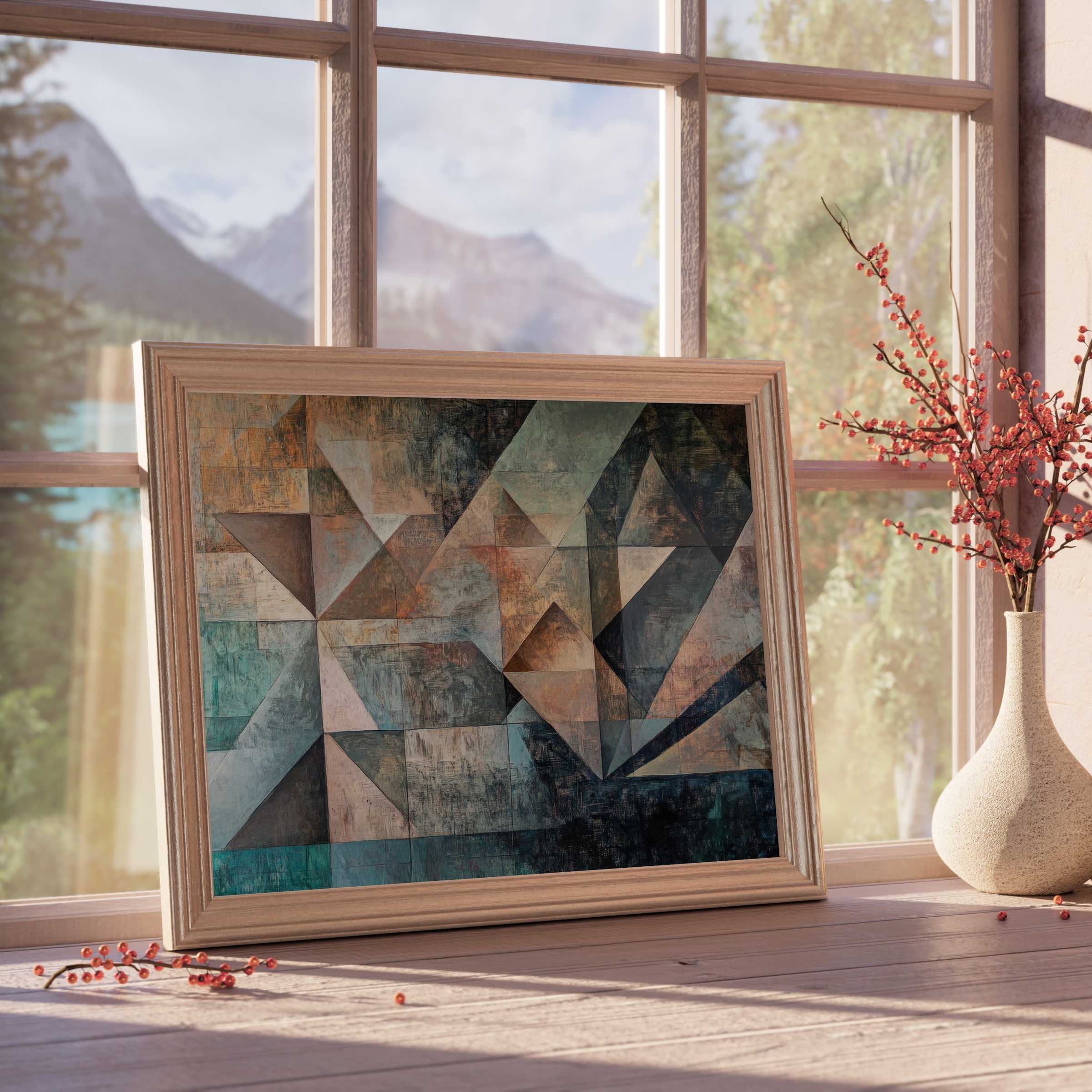 Abstract downloadable art in deep blues and earth tones, elevating serene interiors with geometric intrigue and warm, curated style
