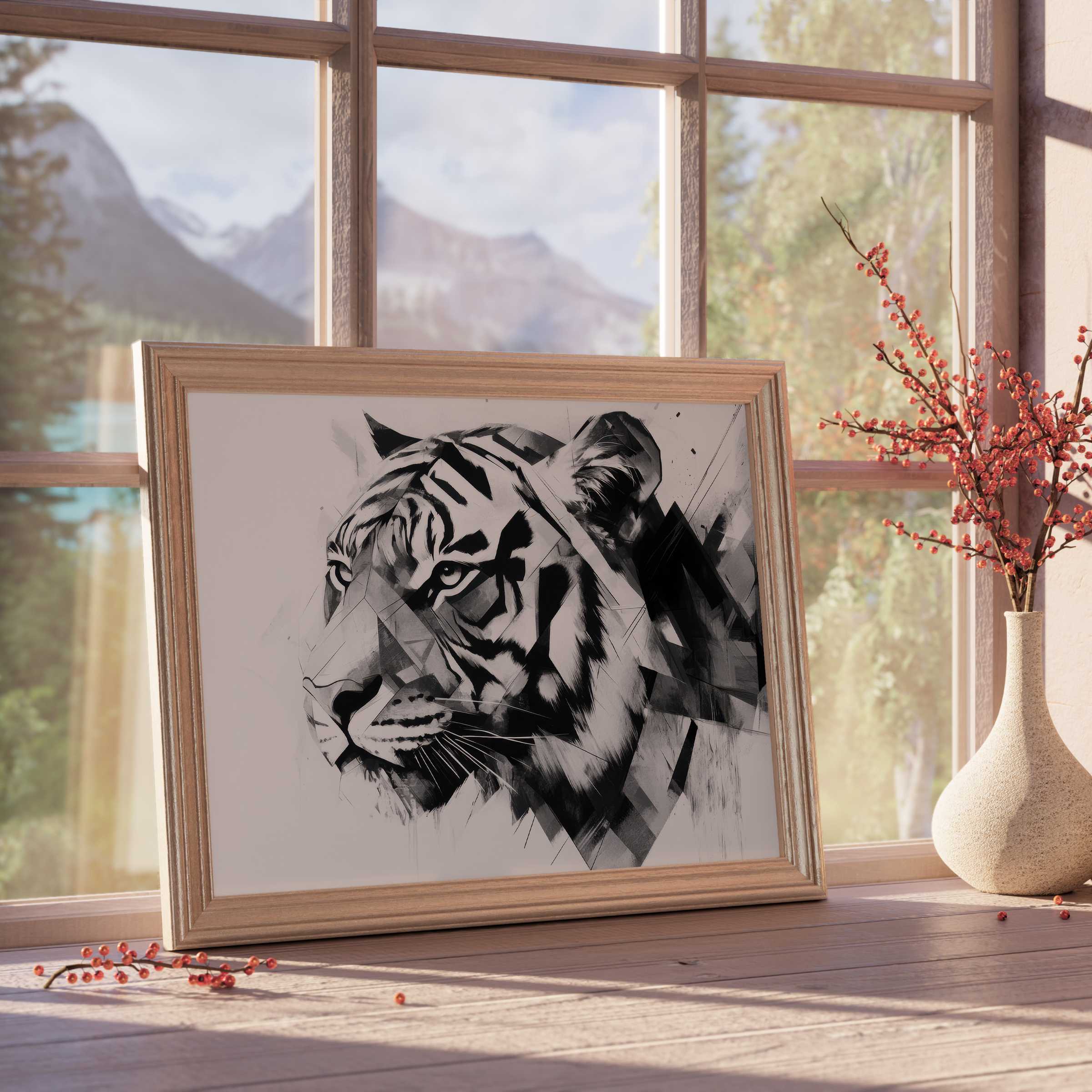 Bold black and white downloadable art of a geometric tiger, exuding strength and calm in a curated, sunlit modern space
