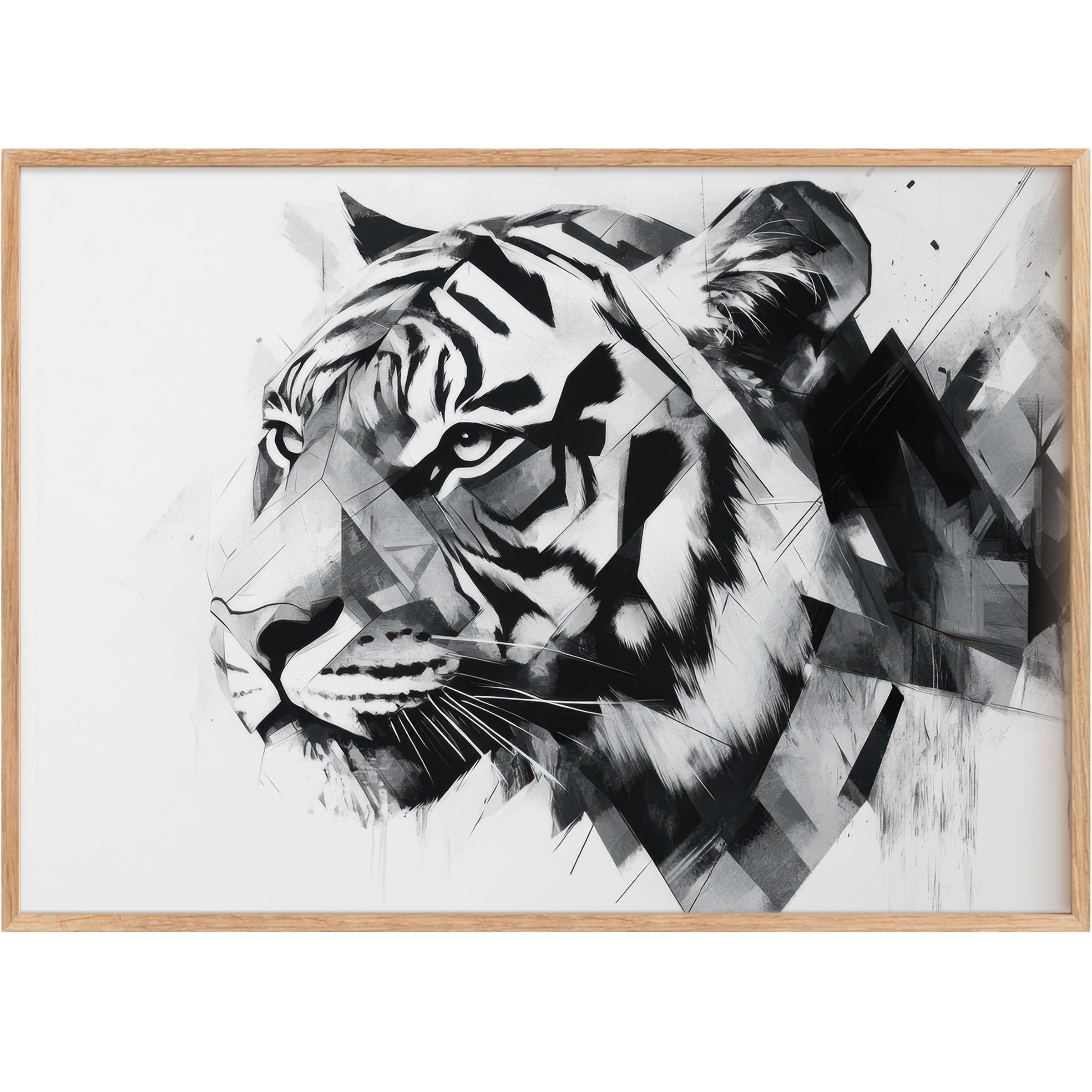 Striking black and white printable wall art of a majestic tiger, blending bold geometry with fierce intensity to elevate modern interiors
