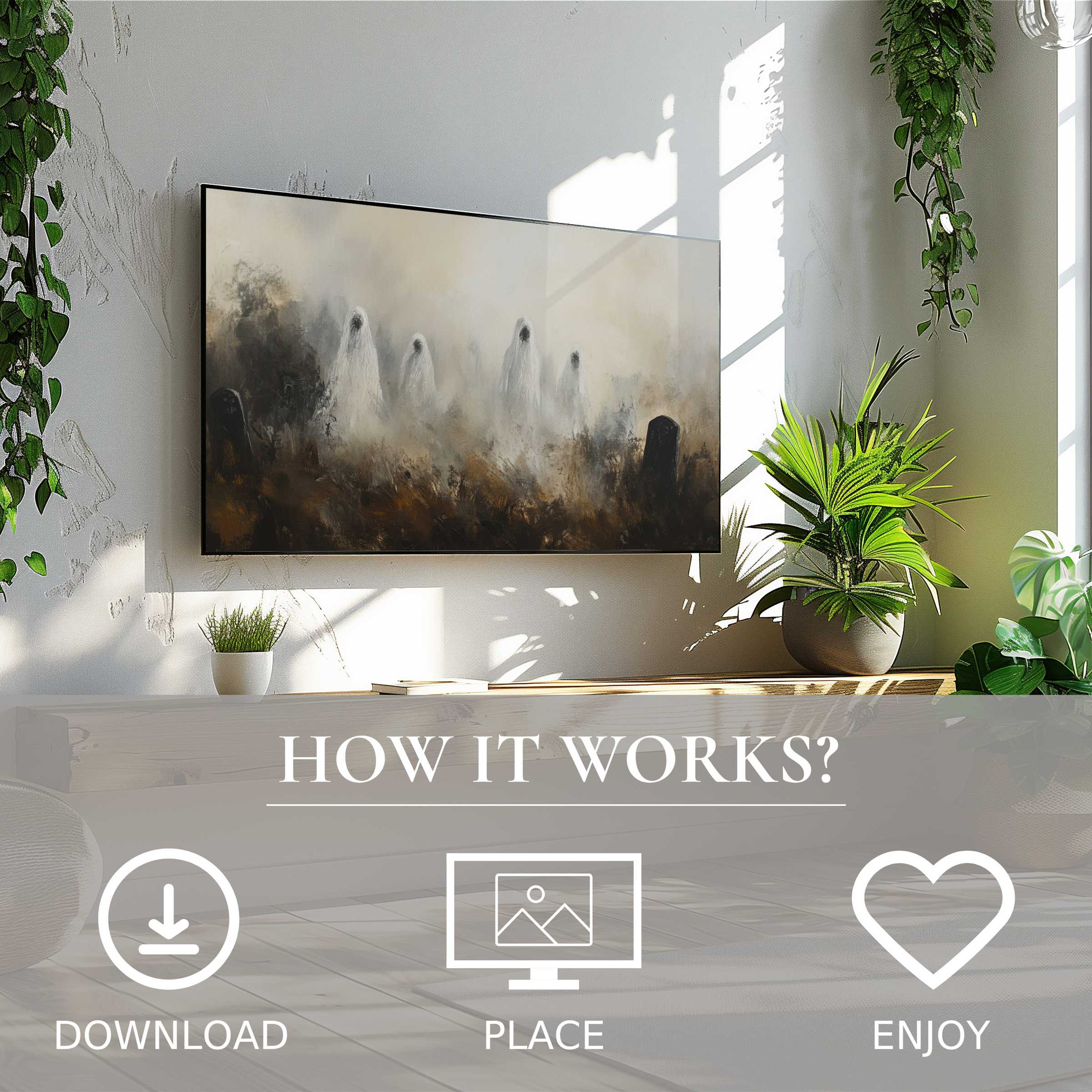 Minimalist living room features digital download halloween art for Samsung TV with ghostly mist motif enriching space