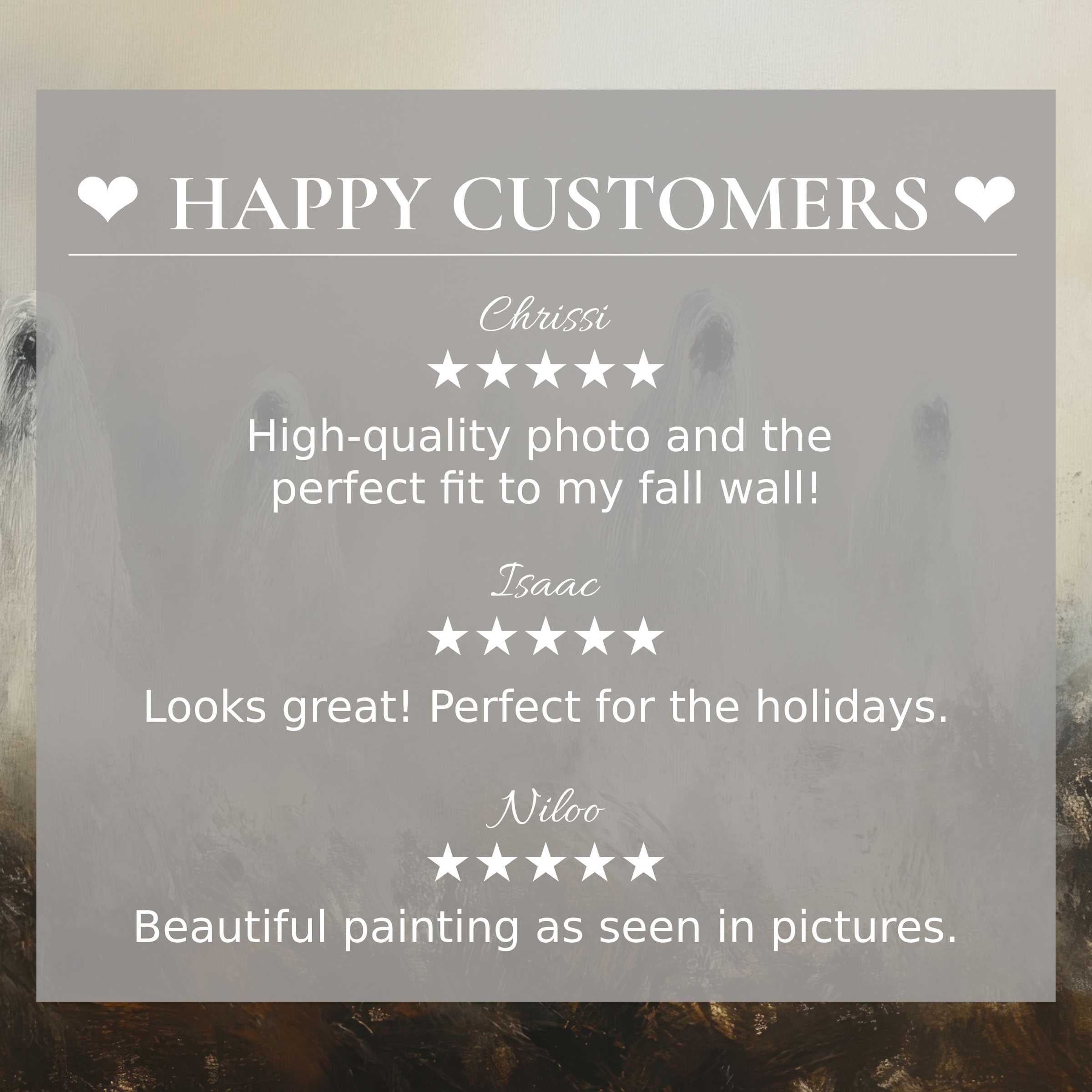 Elegant halloween art for Frame TV with abstract sunset tones, showcasing happy customer reviews to build trust