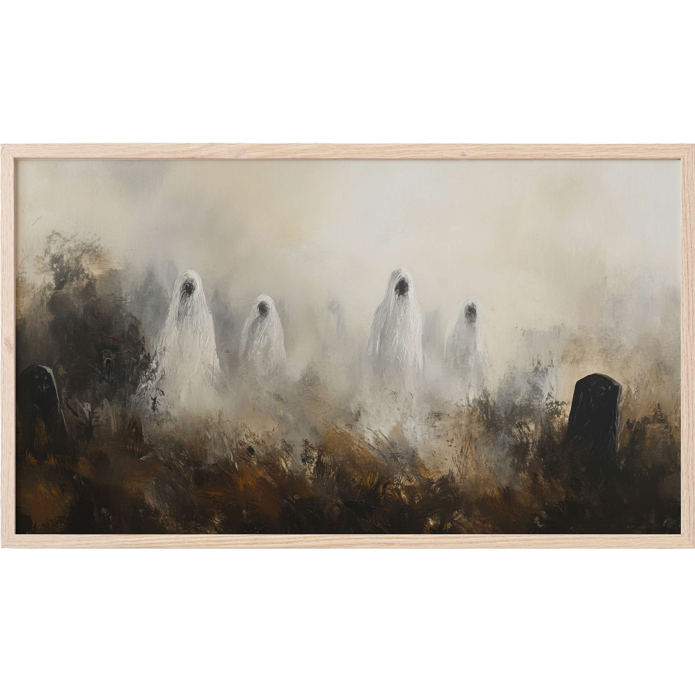 Ethereal ghosts rise amid smoky earth tones in this haunting, modern halloween Frame TV Art piece