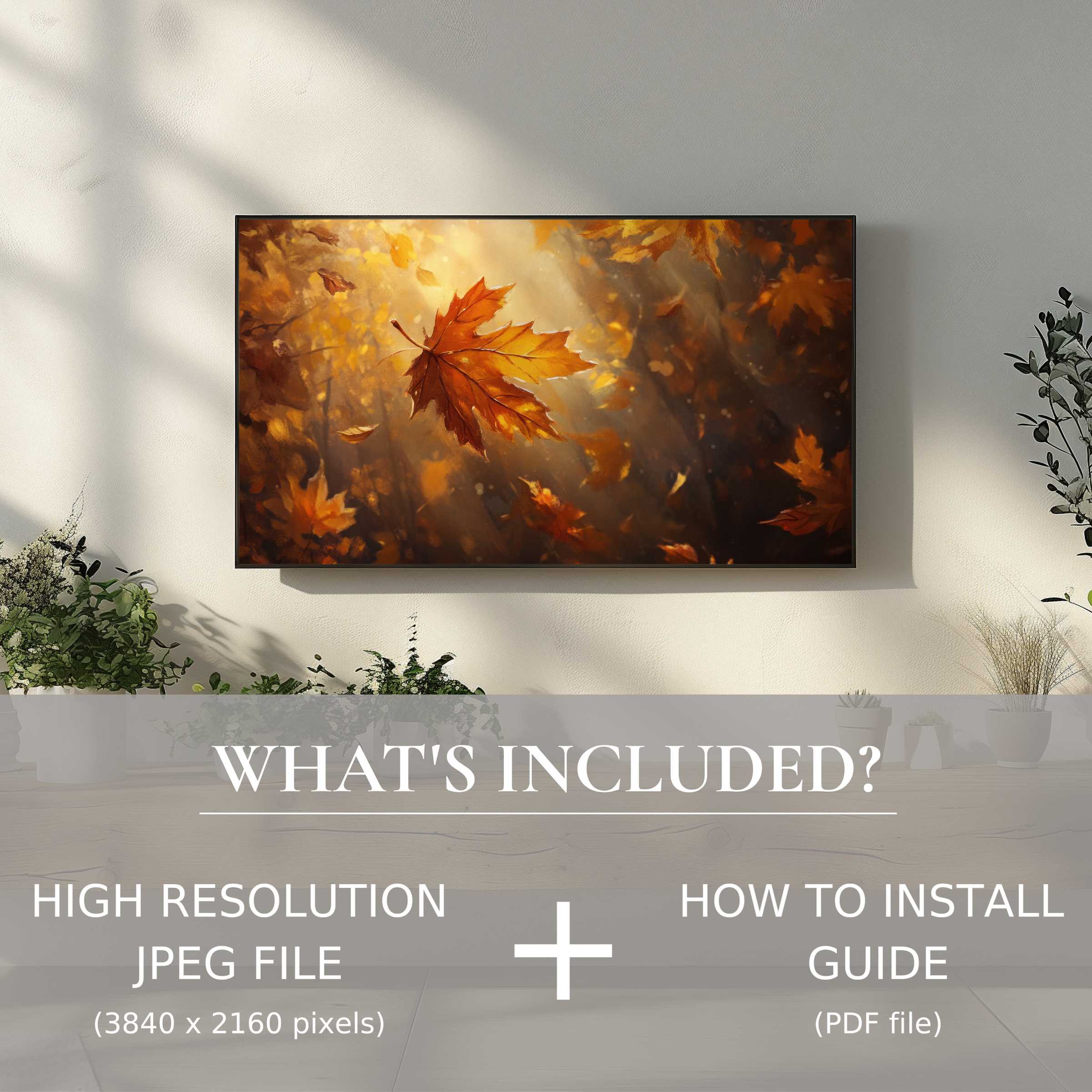 Elegant fall digital TV art download showcasing autumn leaves, effortlessly enhancing any living space with easy digital use