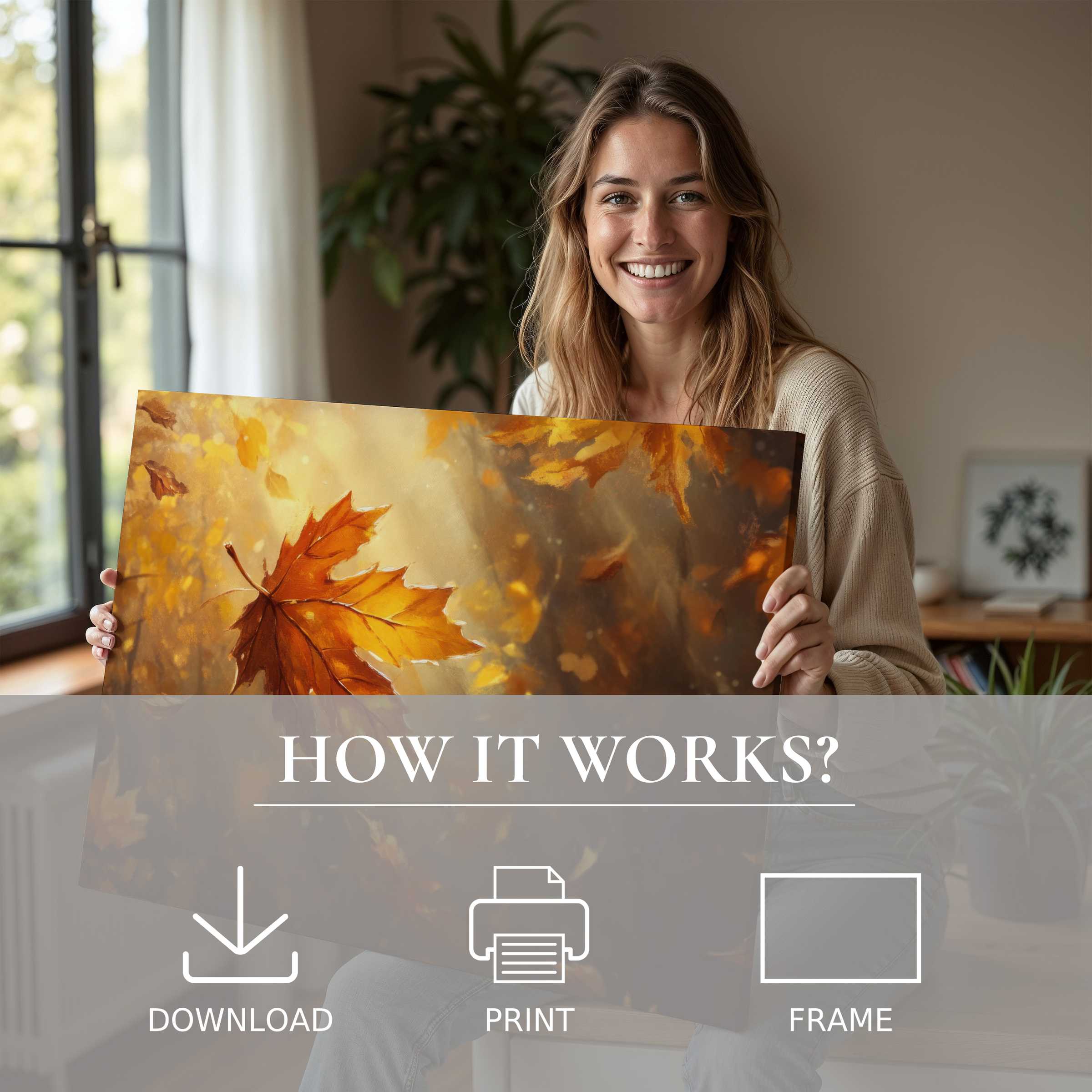 Refined woman in serene modern home, joyfully embracing a warm fall digital art print that elevates everyday living spaces