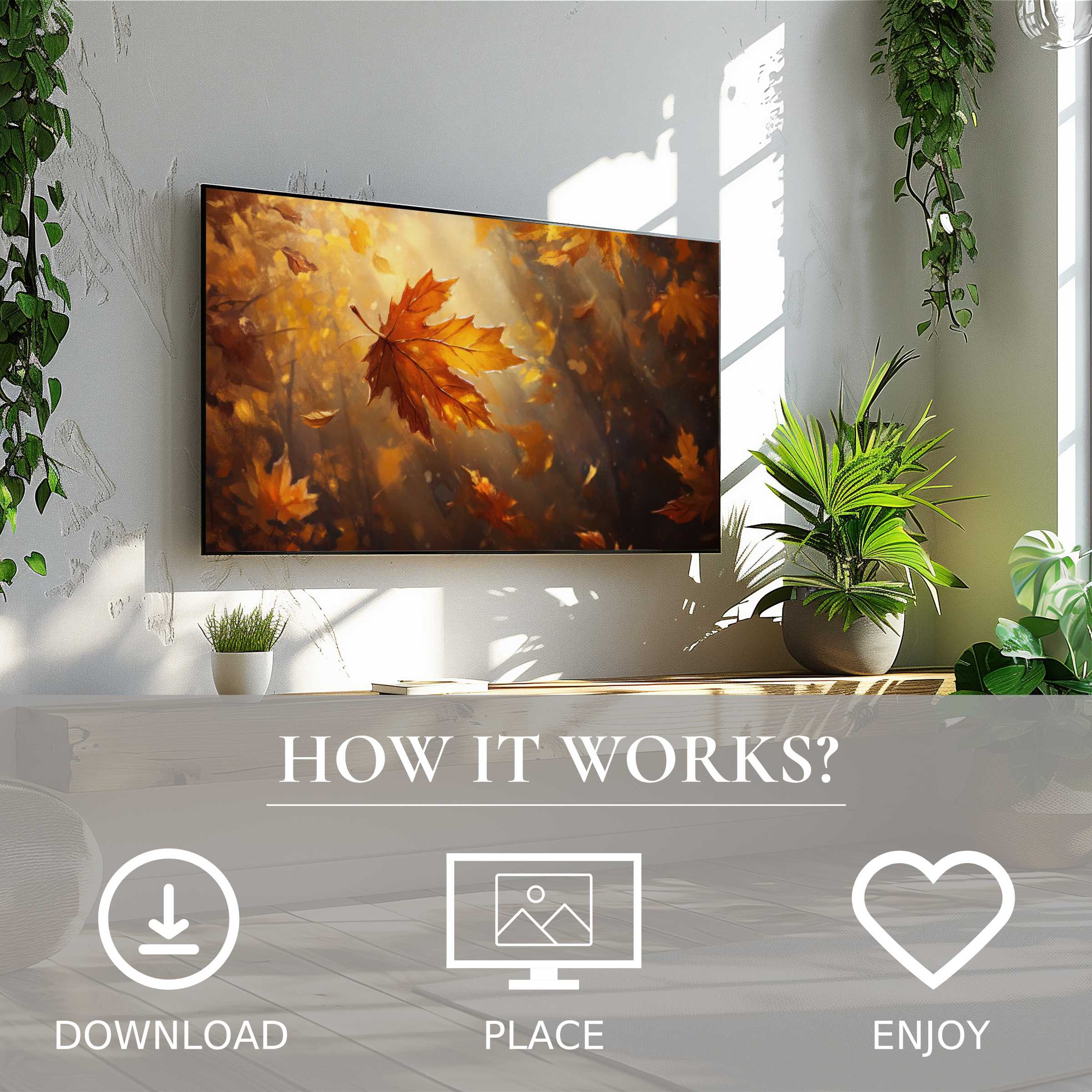 Fall art for Samsung TV shows warm amber leaves in soft sunlight; easy digital download enriches modern living spaces