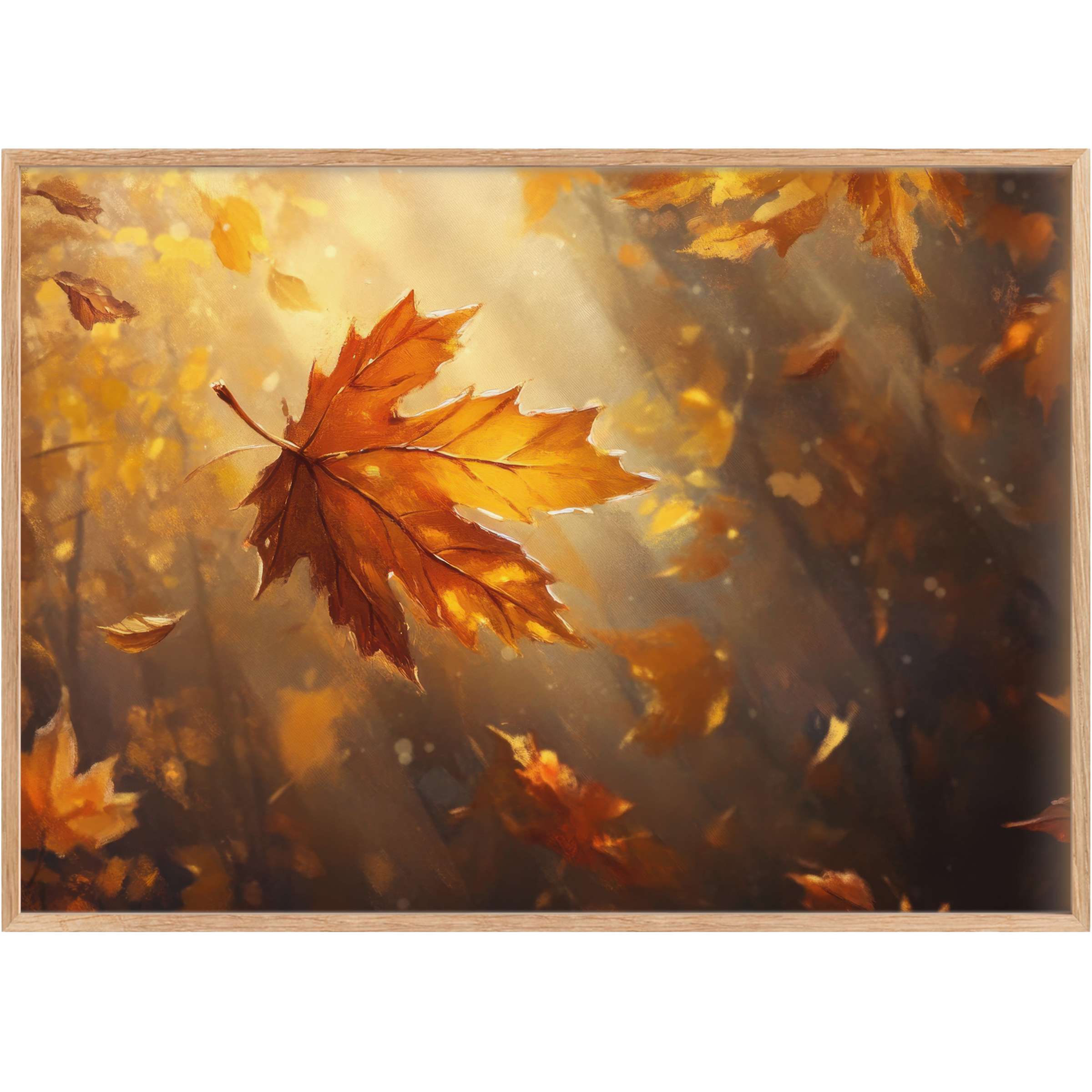 Radiant fall printable wall art capturing golden amber leaves mid-fall, infusing spaces with warm, serene autumn elegance