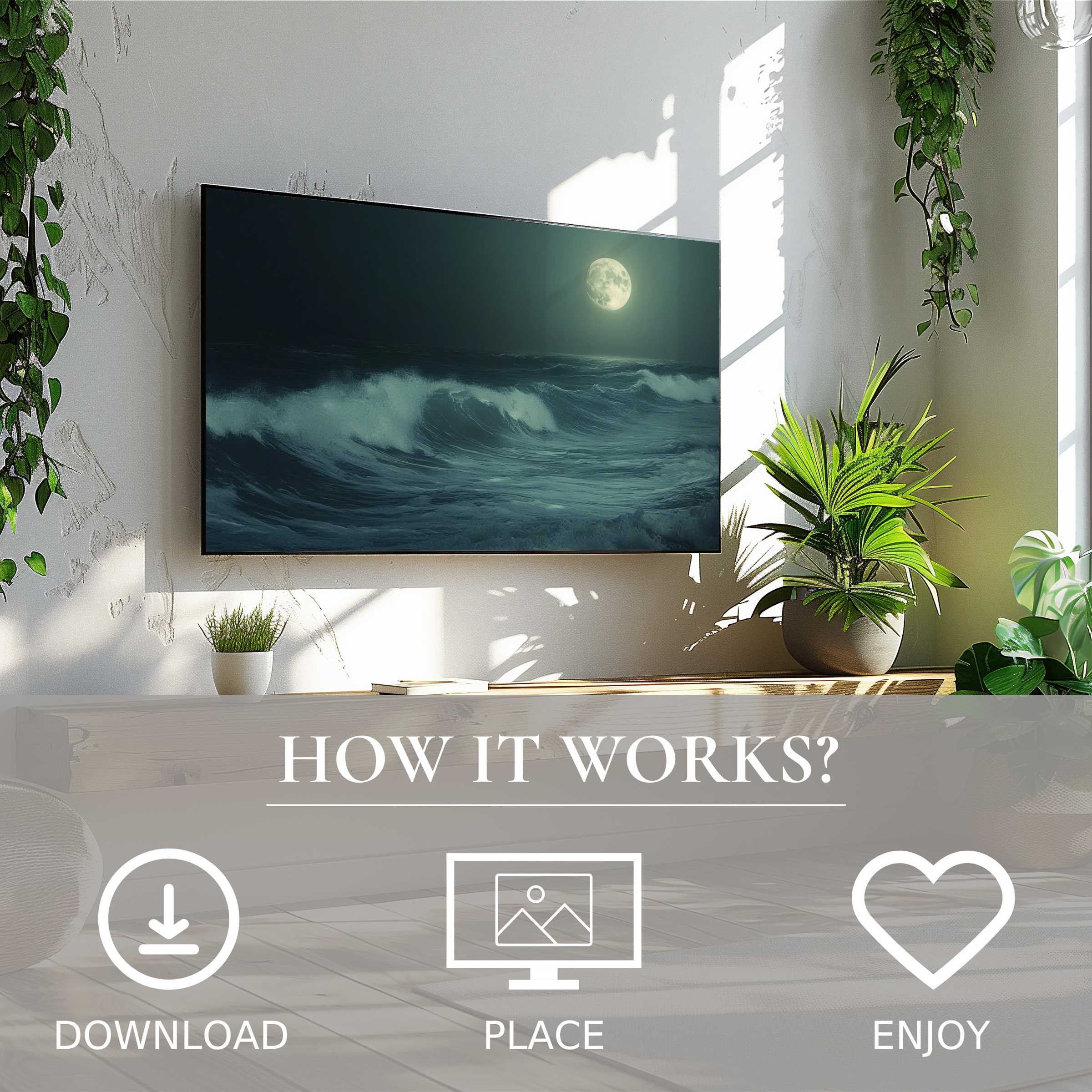 Modern living room with beach art for Samsung TV showing moonlit waves; easy digital download enriches space