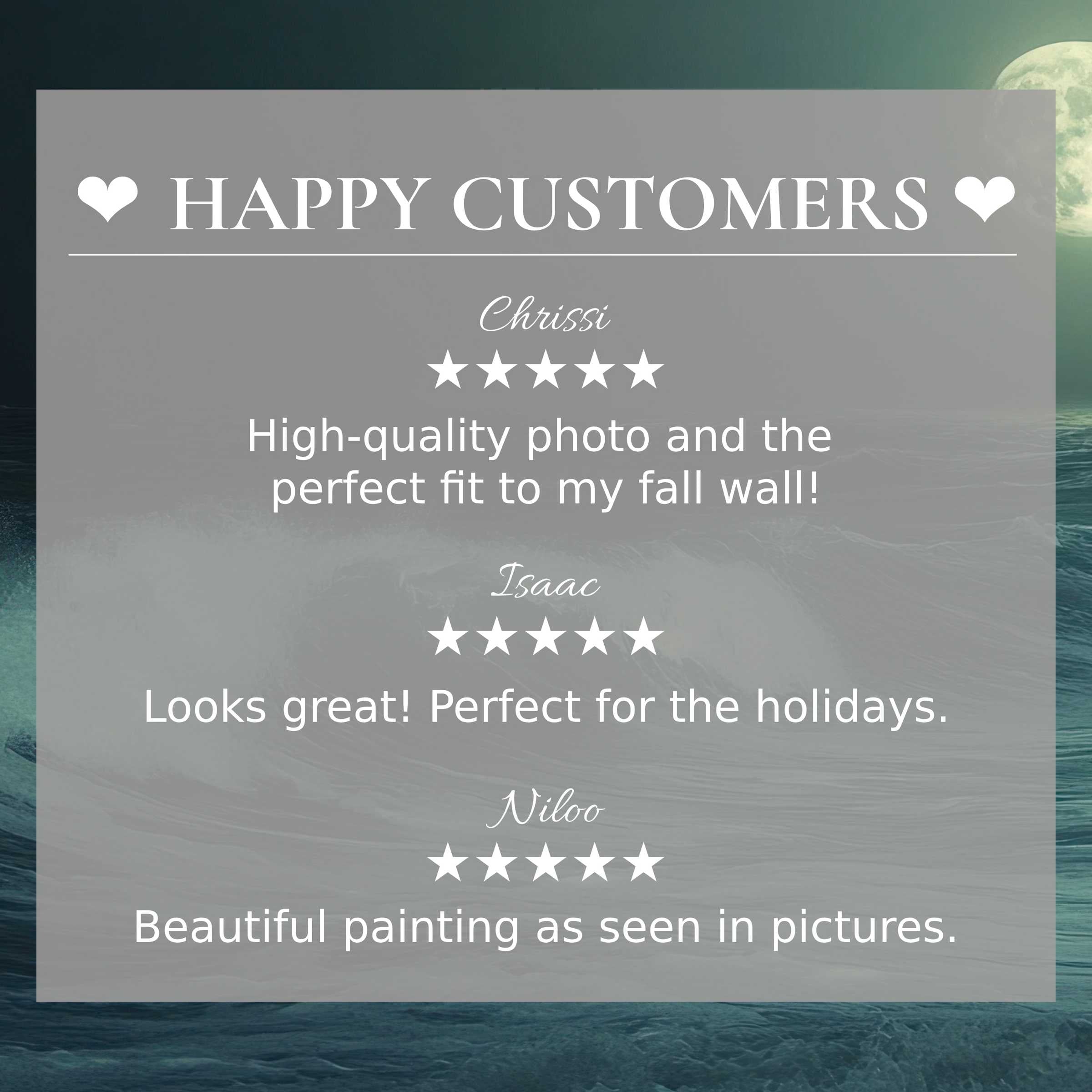 Elegant beach art for Frame TV with abstract moonlit waves, showcasing positive reviews from happy customers