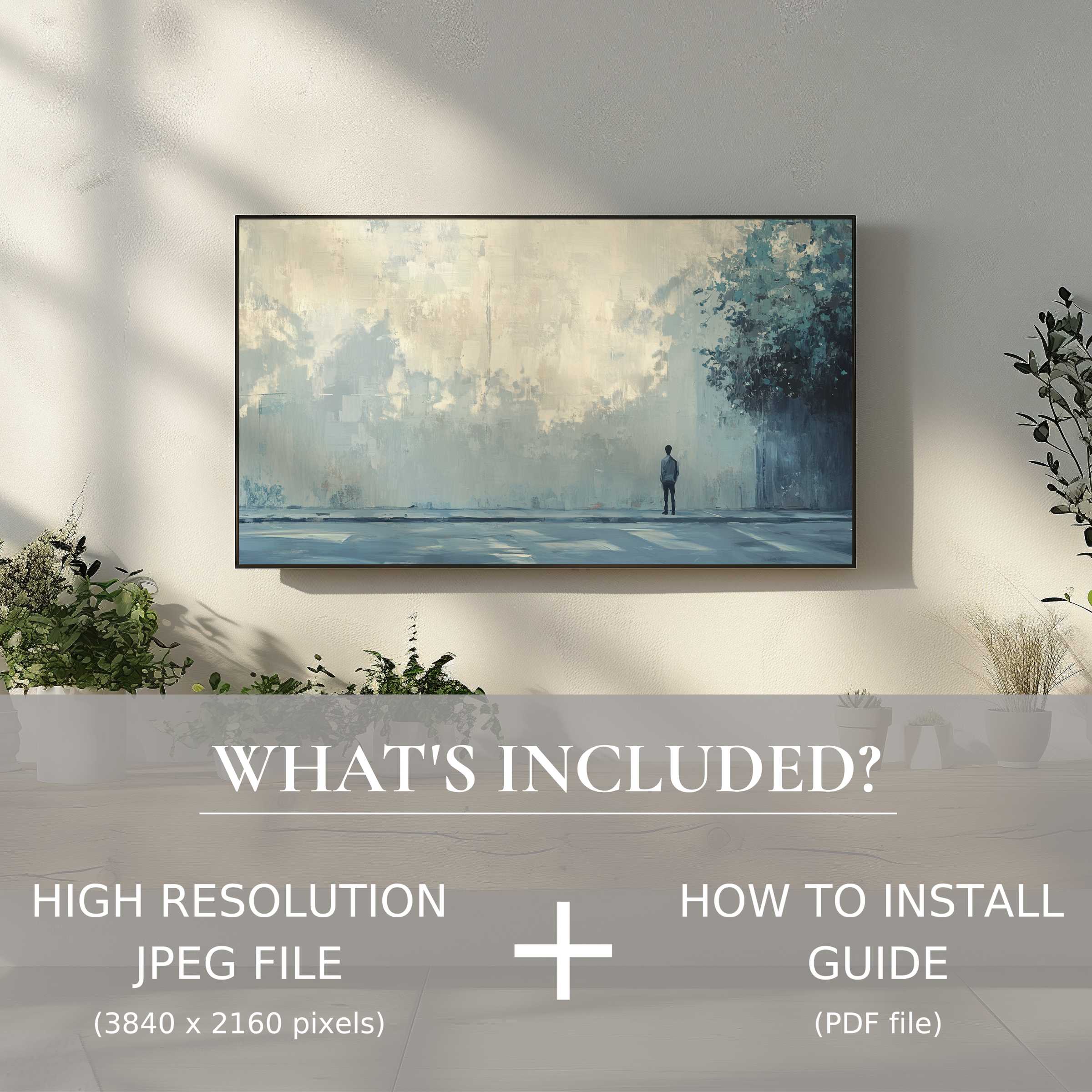Modern living room with serene urban digital TV art download, easy to use, enhancing style and ambiance effortlessly