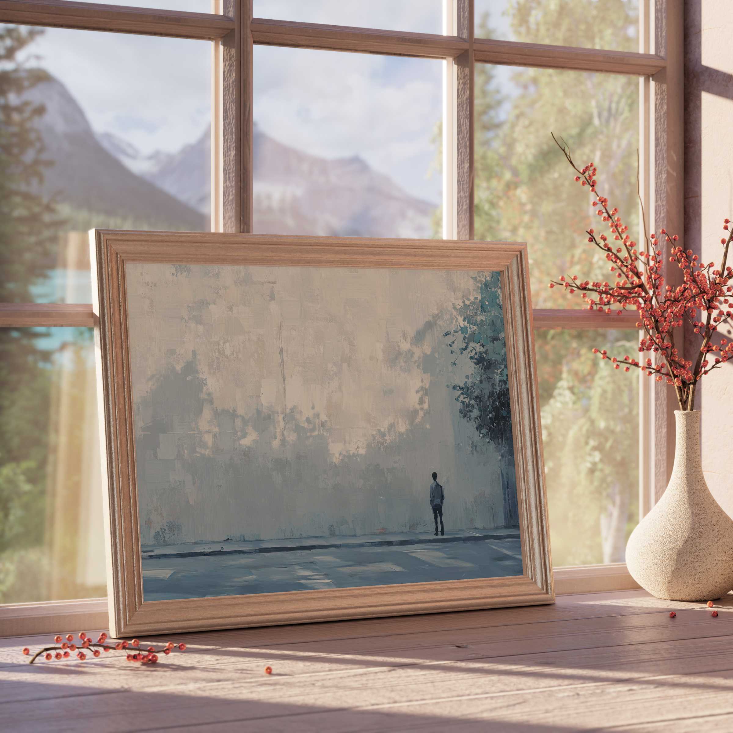 Urban downloadable art framed in soft wood, evoking calm solitude-perfect for curated, tranquil, design-forward interiors