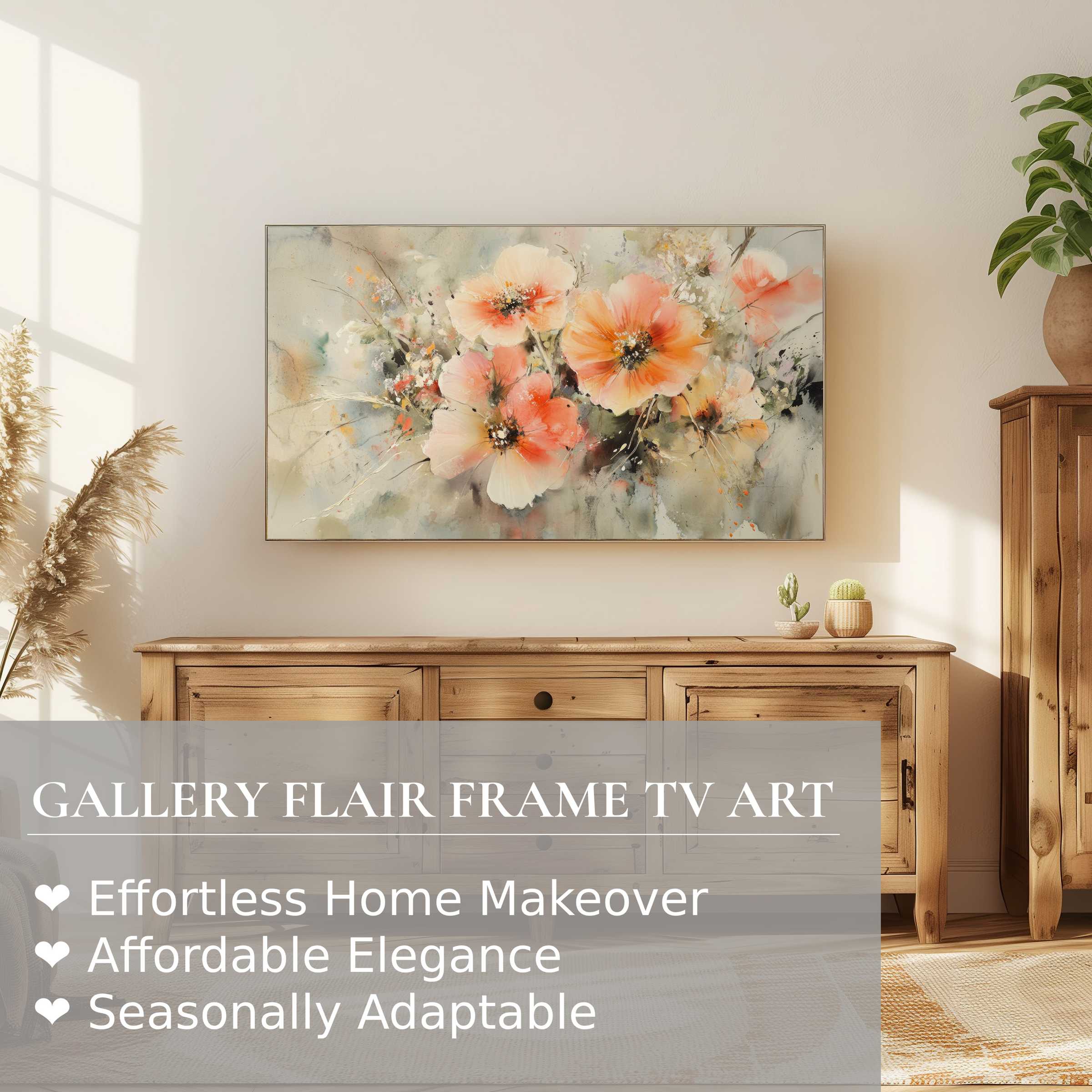 Samsung Frame TV displays elegant botanical digital artwork with soft blossoms in a modern, warm living space