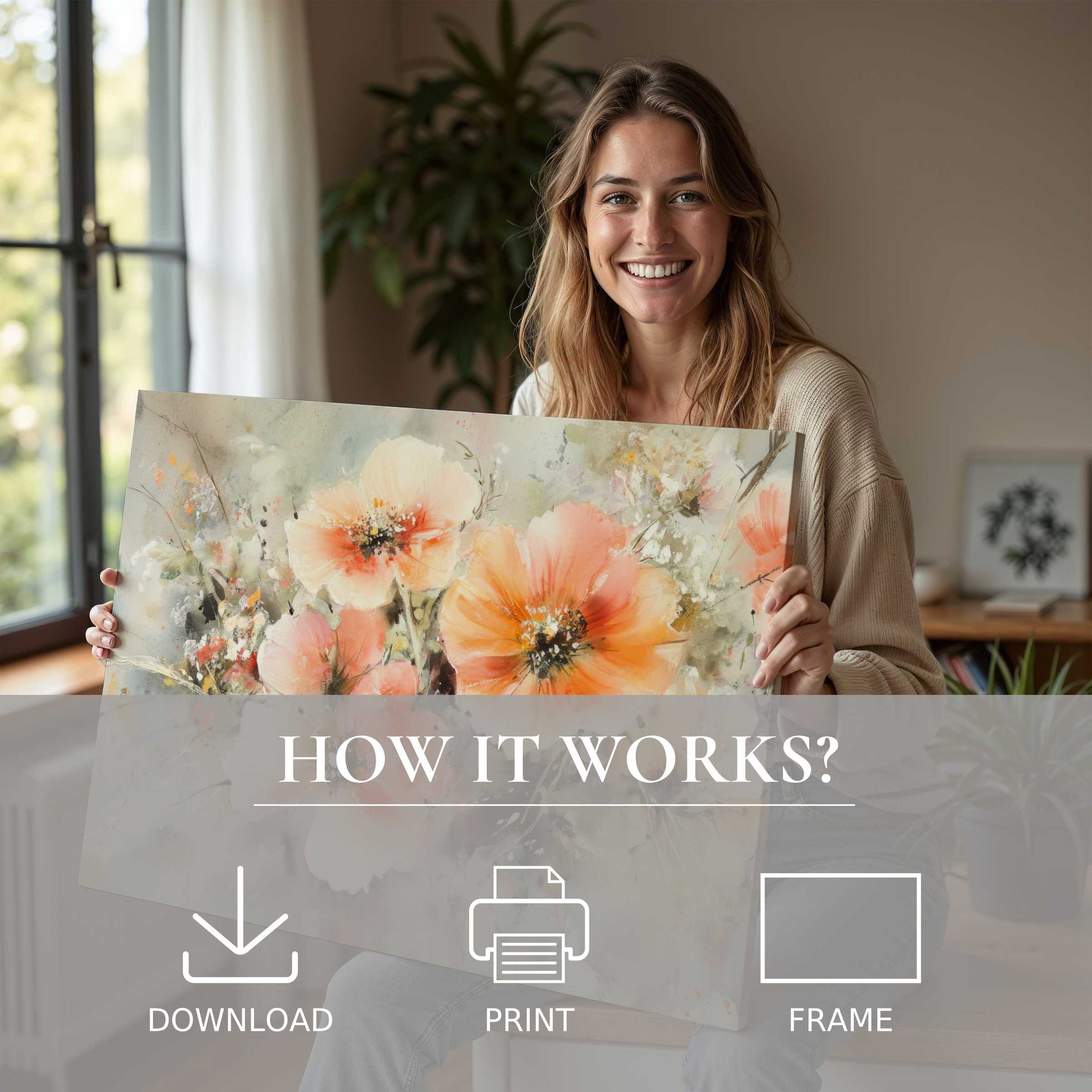 Woman joyfully embracing a botanical digital art print with soft peach blooms, enriching her modern living space