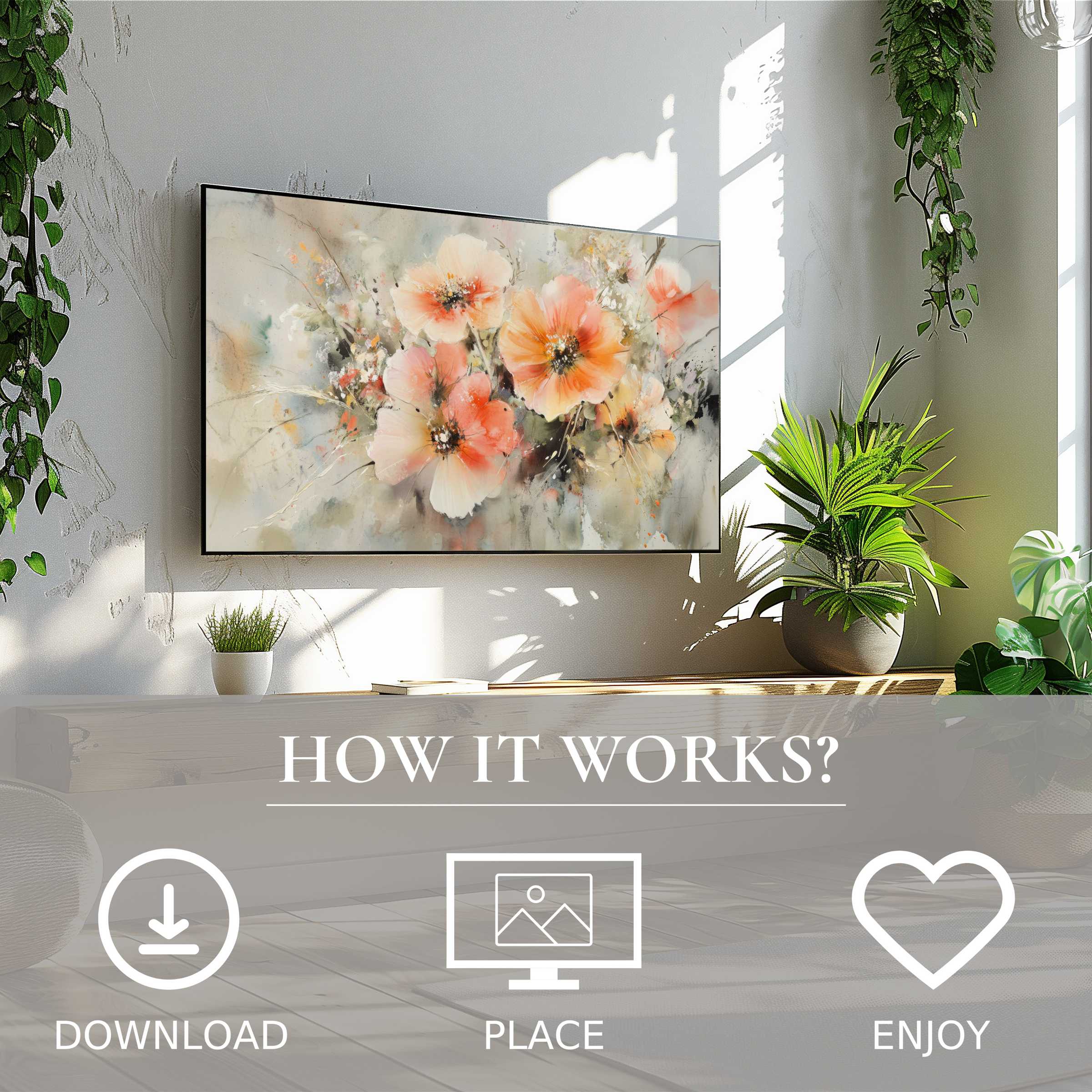 Botanical art for Samsung TV shows soft sunset tones floral motif, easy digital download enriches modern living spaces