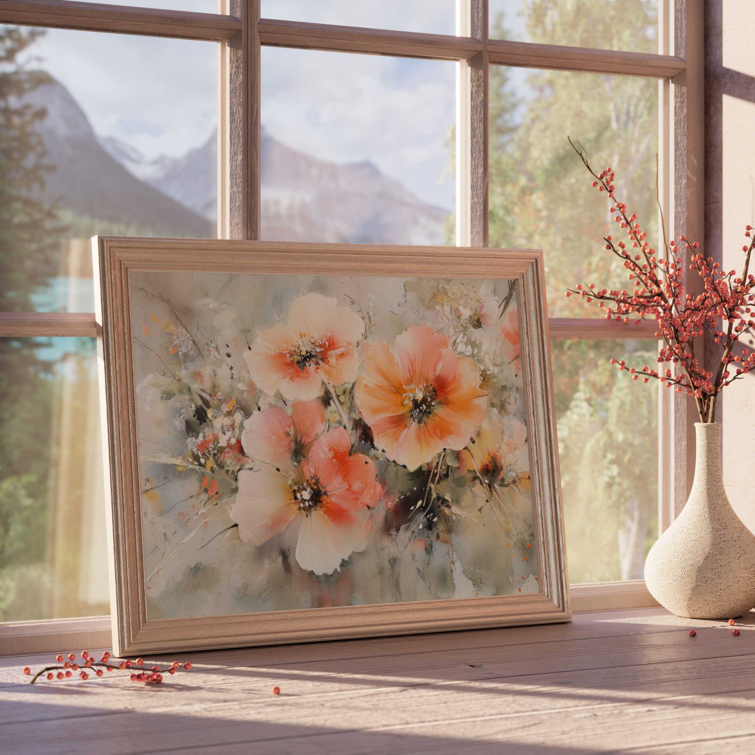Botanical downloadable art of soft coral blooms in a serene wooden frame, infusing tranquil elegance into curated modern interiors