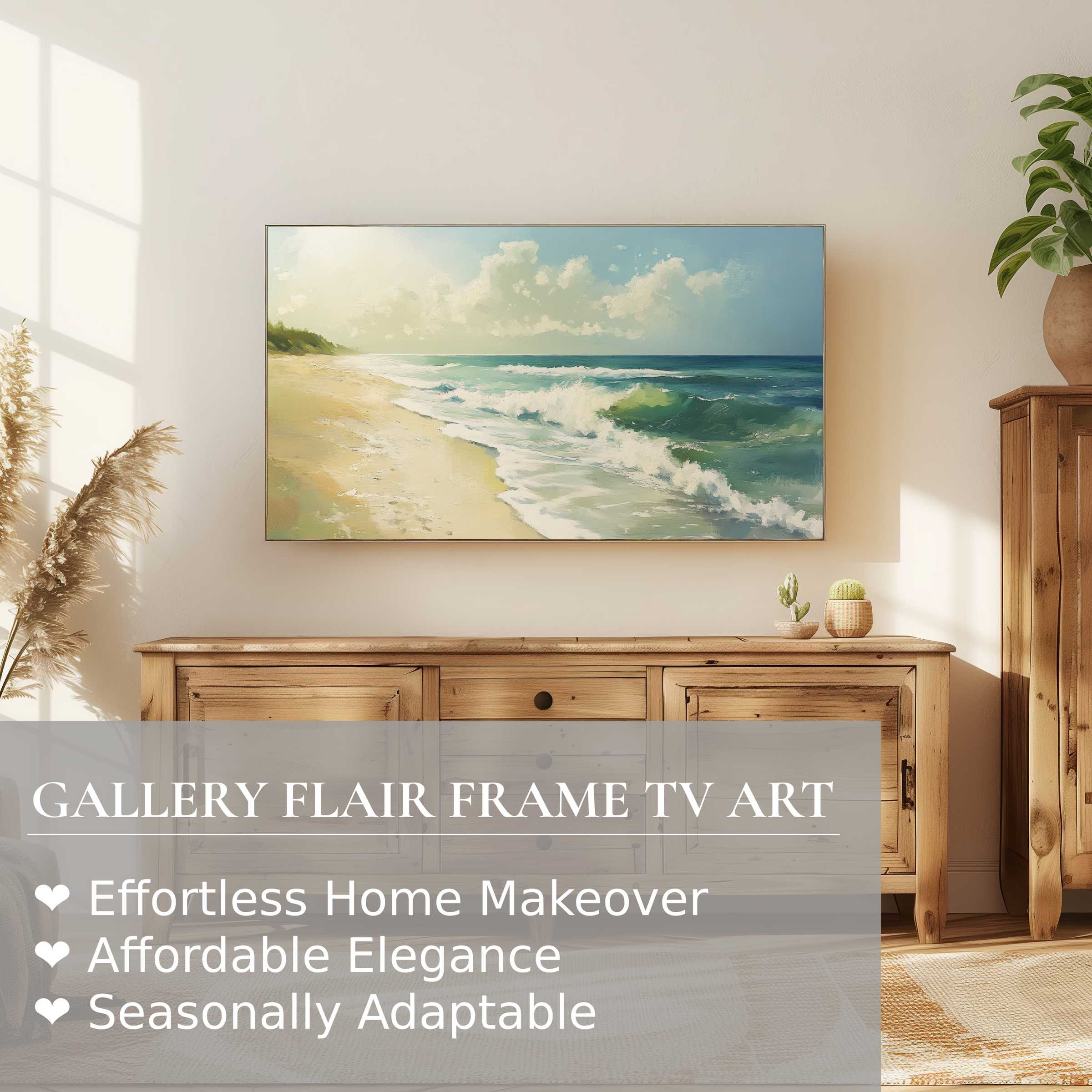 Samsung Frame TV displays serene summer digital artwork of ocean waves in a warm, elegant living space