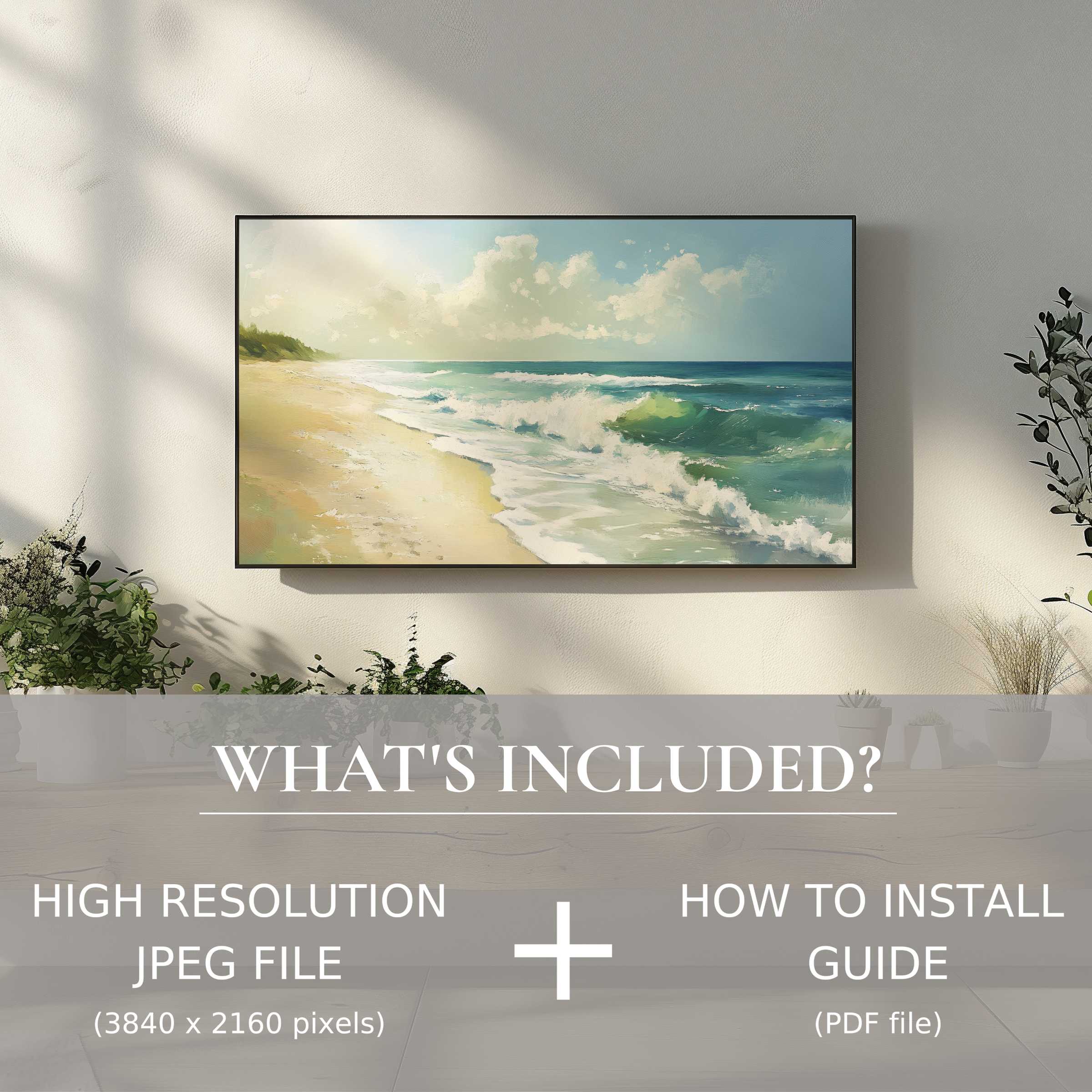 Elegant summer digital TV art download of serene beach scene, easy to use, enhancing modern living spaces with style