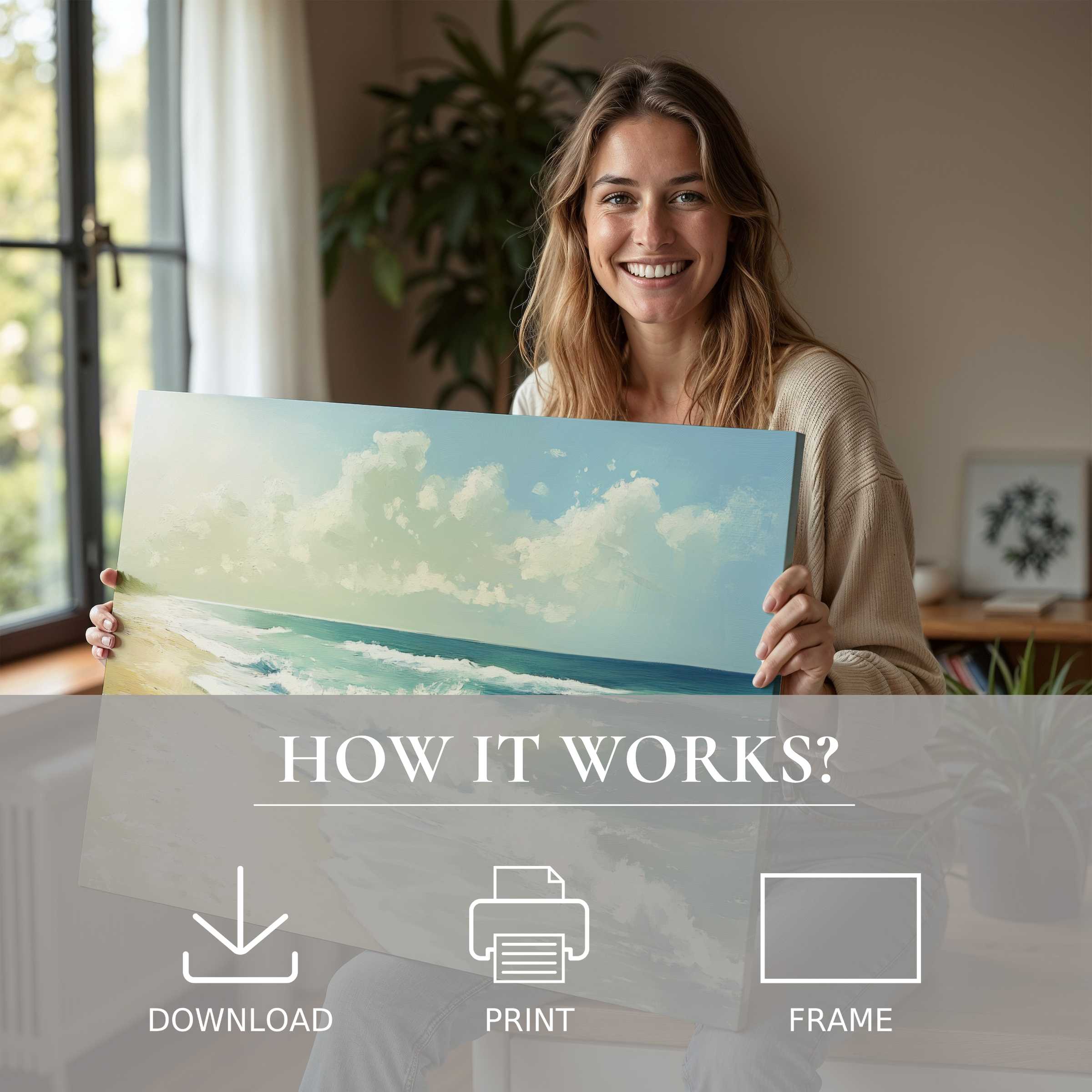 A serene moment of joy and connection as a summer digital art print, evoking calm coastal light, enriches a modern, stylish home
