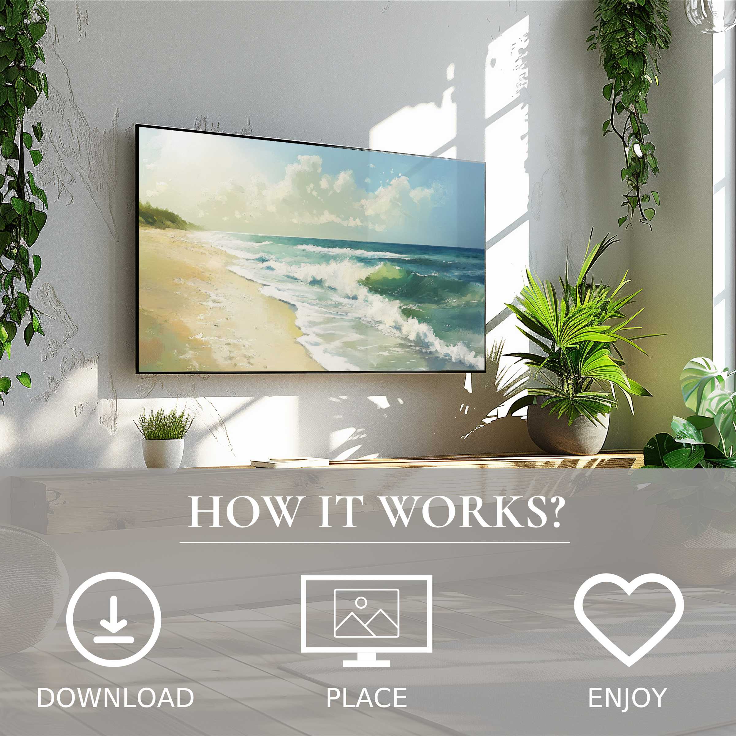 Summer art for Samsung TV shows soft sunset tones of waves on a beach, easy digital download enriches bright living spaces