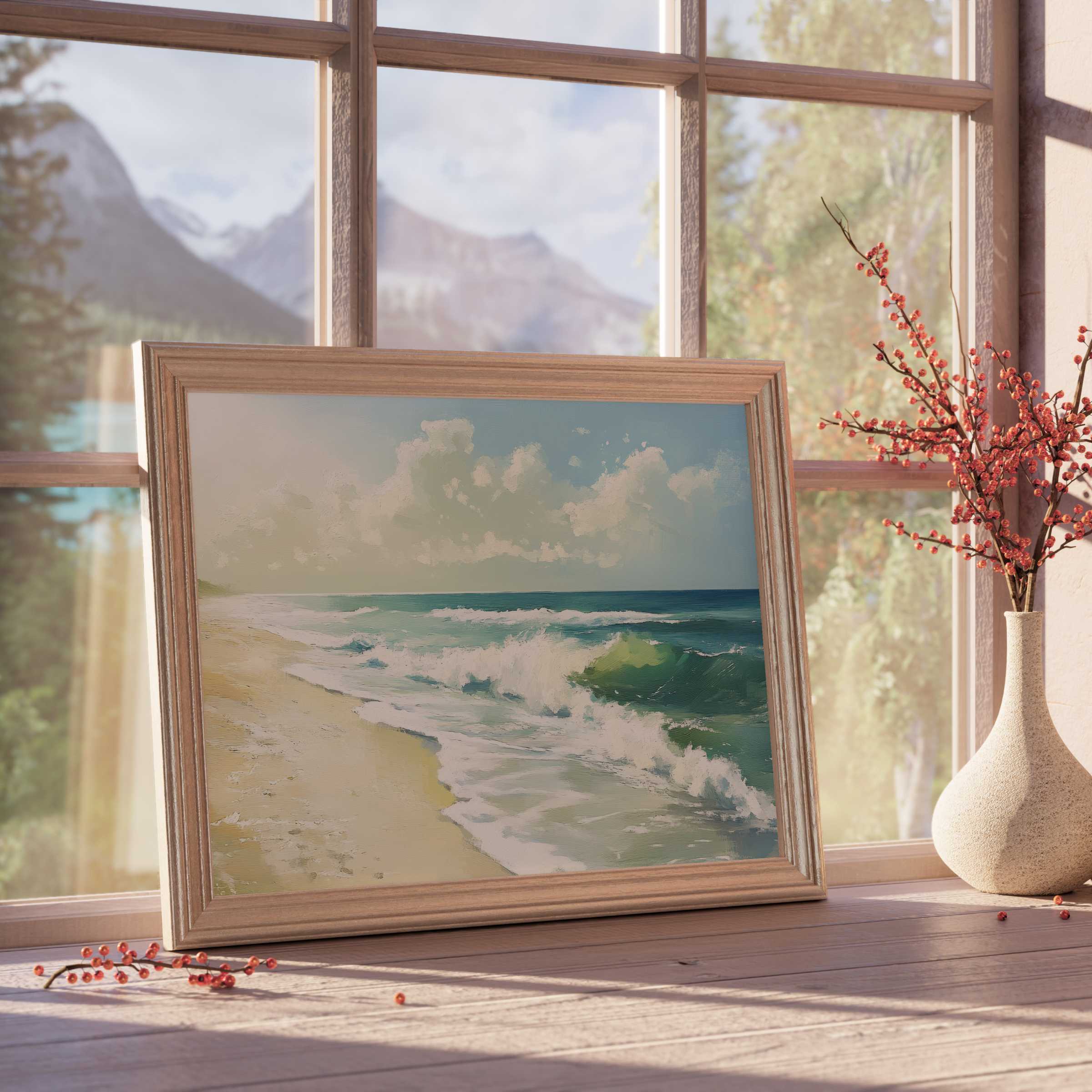 Summer downloadable art capturing vibrant ocean waves and sunlit shore, perfect for elevating serene, curated coastal interiors