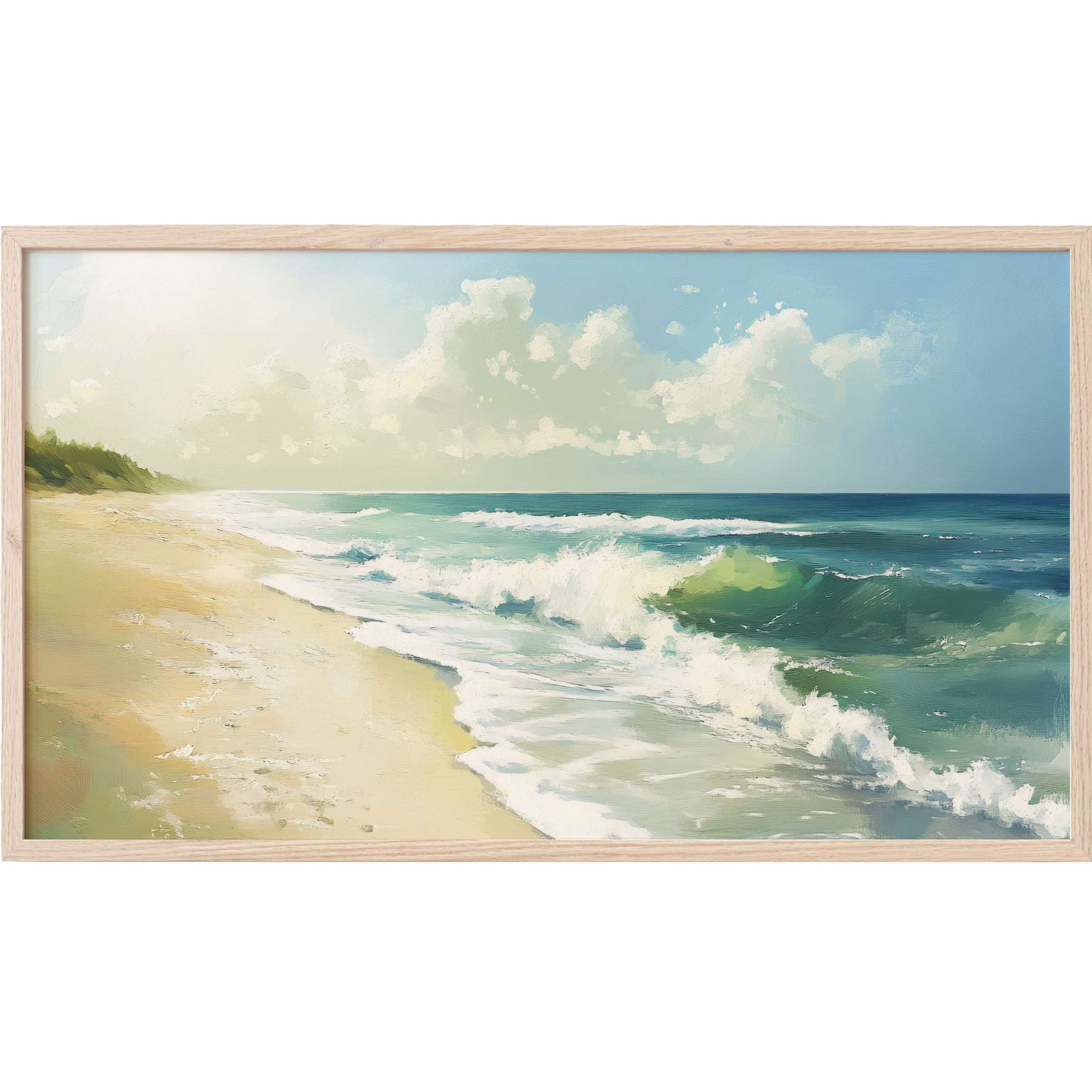 Serene coastal scene with soft waves and sandy shore in pastel hues, a perfect summer Frame TV Art