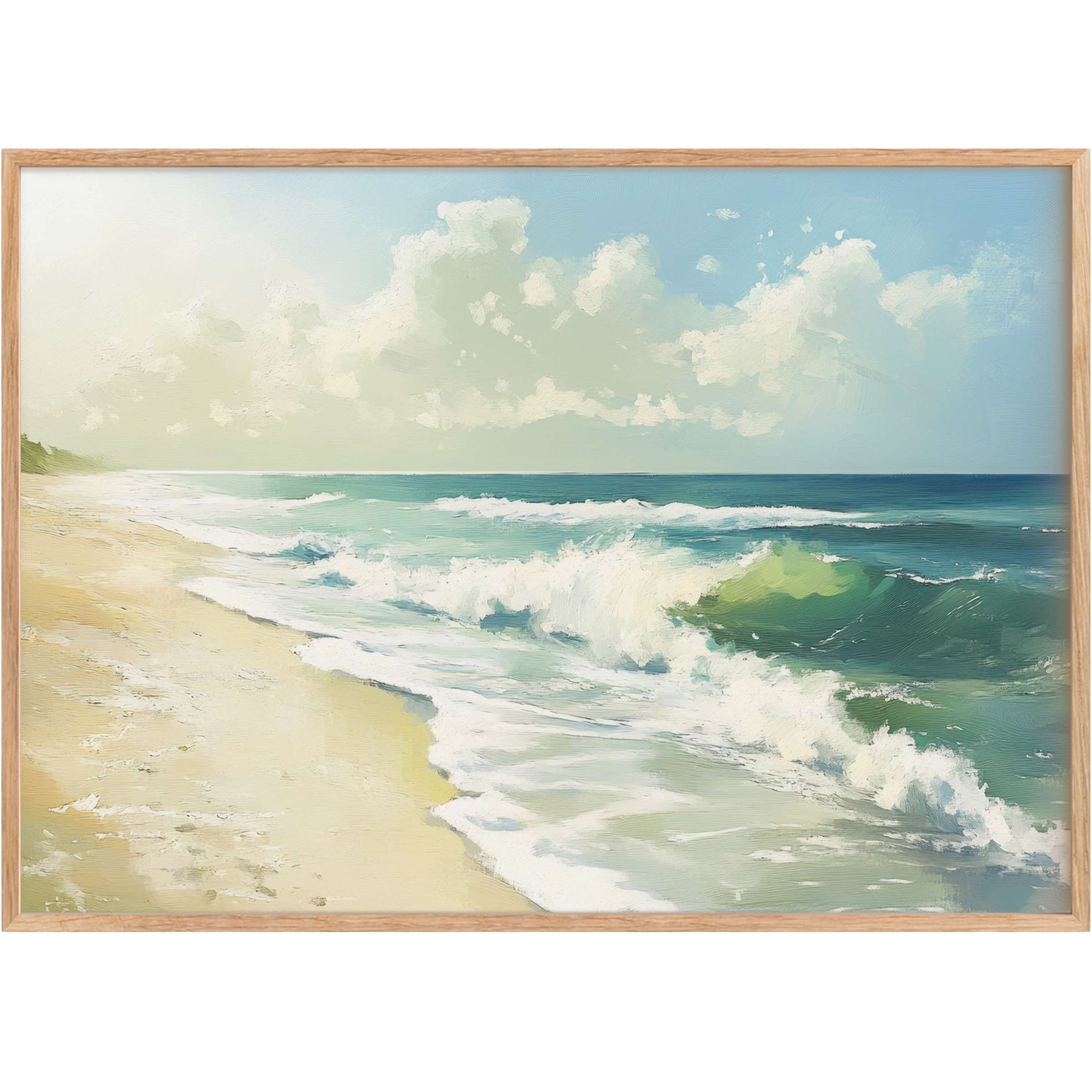 Summer printable wall art capturing serene aqua waves and sunlit sandy shores, evoking a radiant, tranquil coastal escape