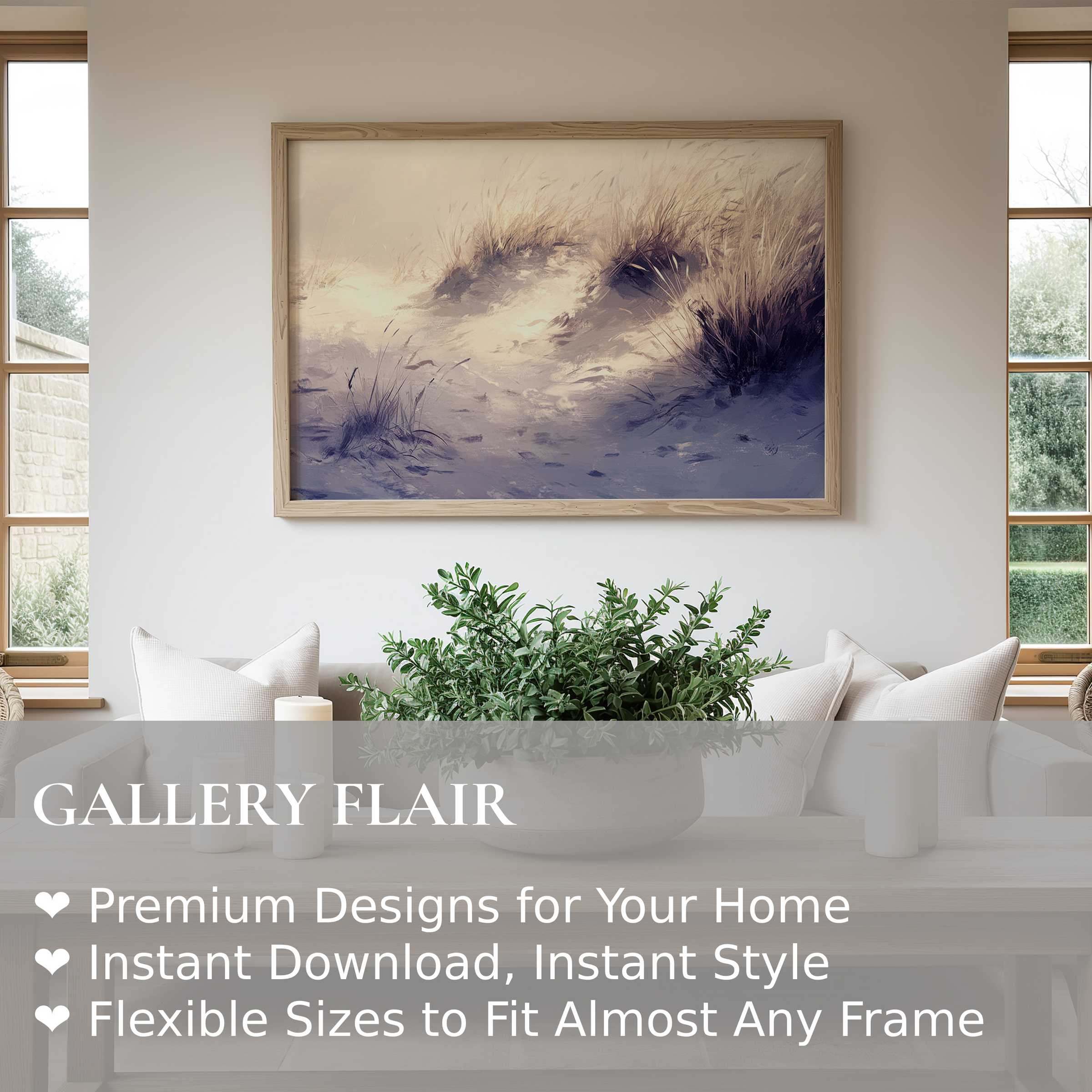 Coastal wall art print with soft, calming sand dune imagery in a serene modern living room, enhancing coastal-inspired decor