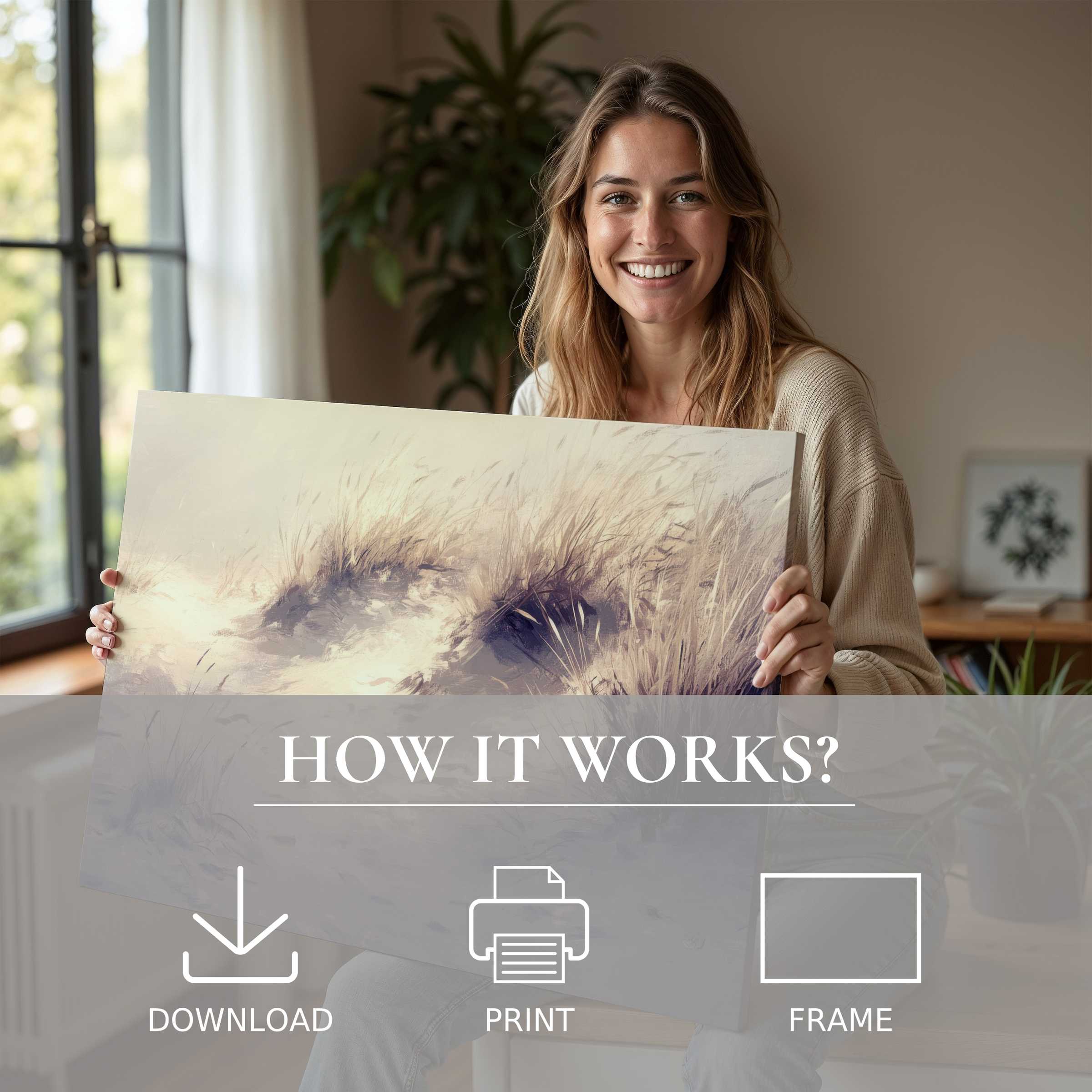 Coastal digital art print brings warmth and joy to a stylish home, embodying serene moments of effortless elegance