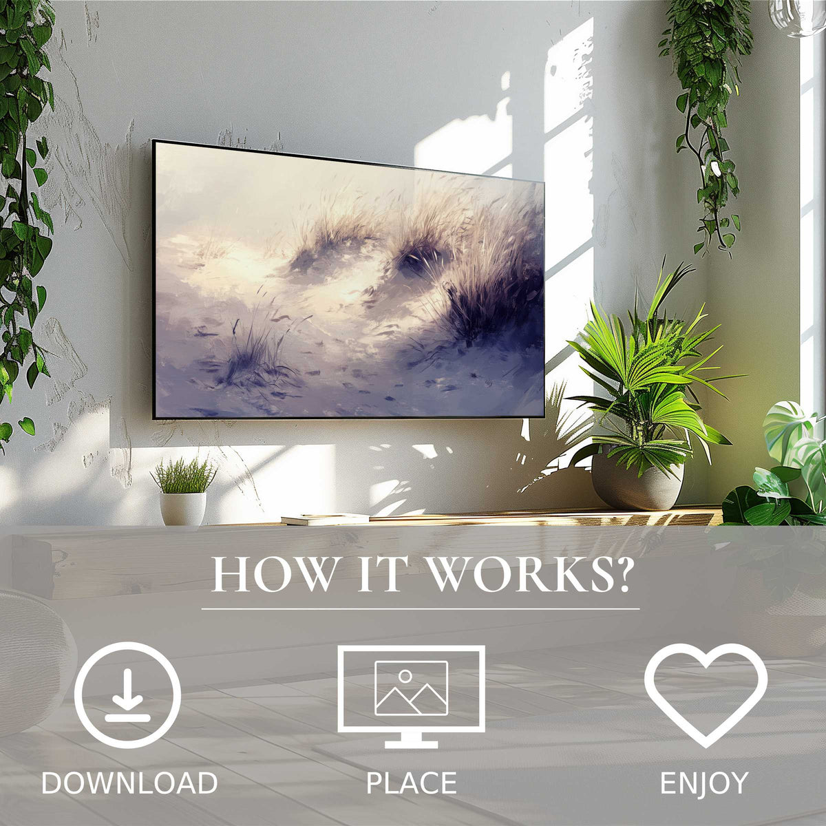 Coastal art for Samsung TV shows soft, sandy dunes in warm tones; easy digital download enriches modern living spaces