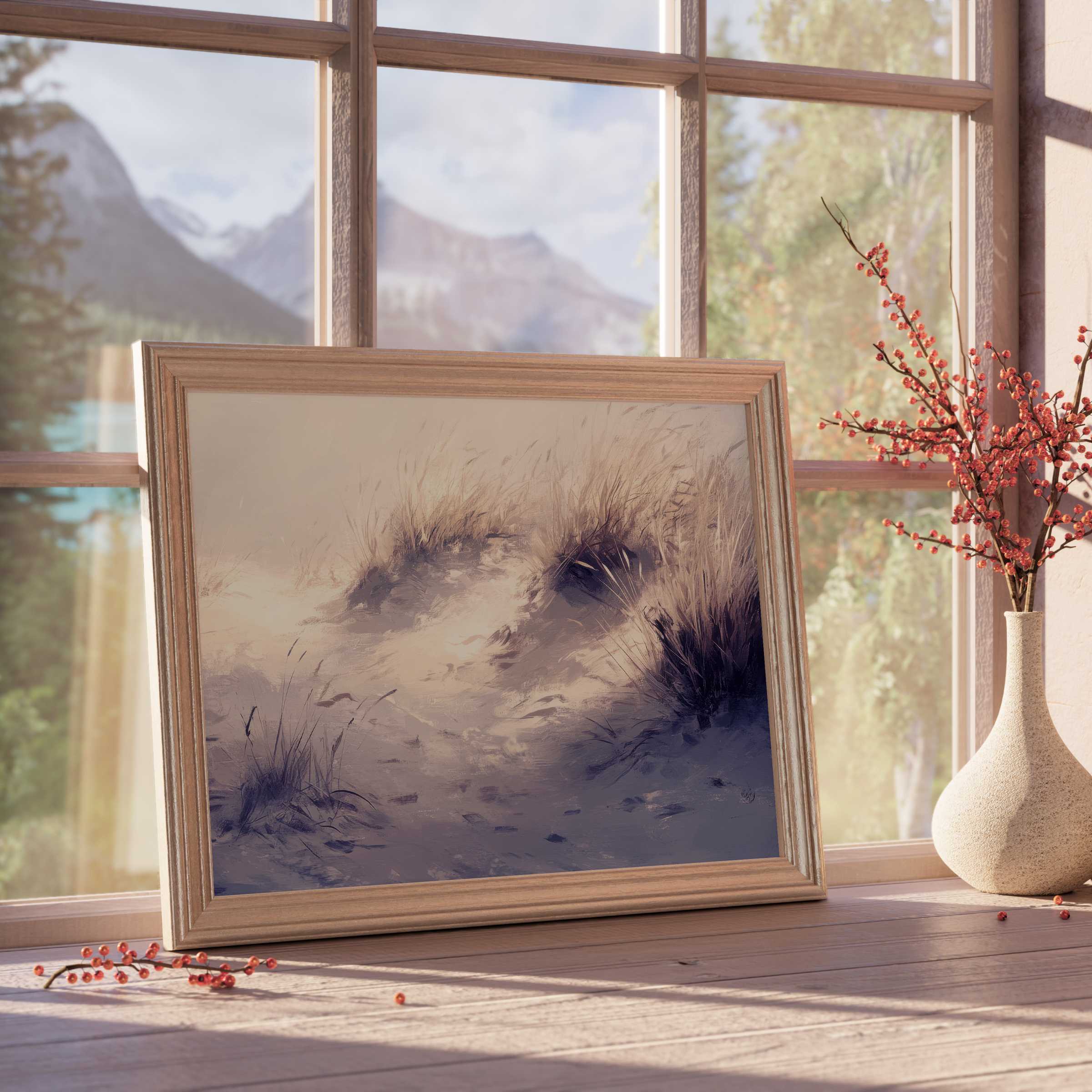 Coastal downloadable art capturing serene dune grasses kissed by soft light, elevating tranquil, curated interiors with natural elegance