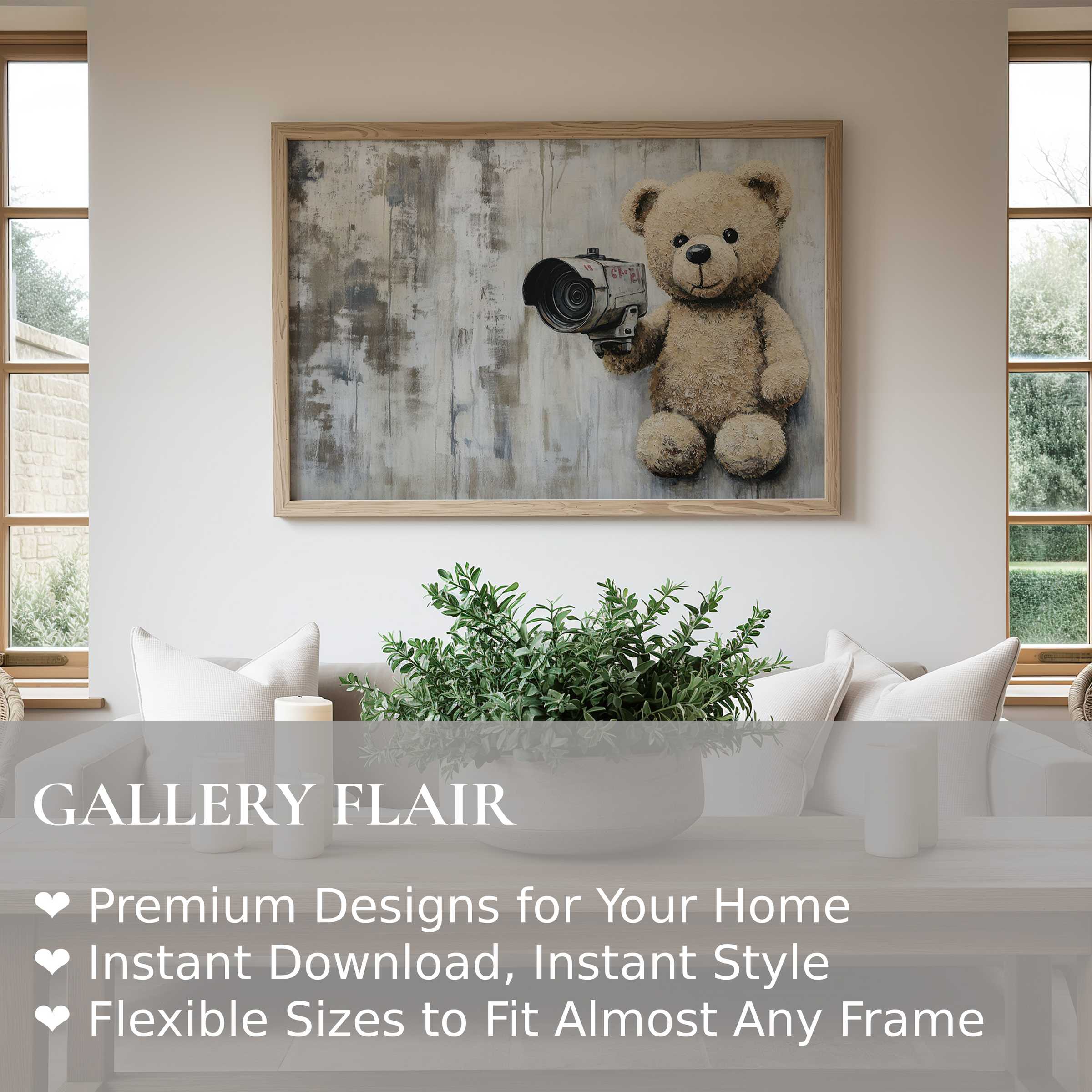Street art wall art print featuring a bold teddy bear with a camera in a serene modern farmhouse setting, adding playful edge and character