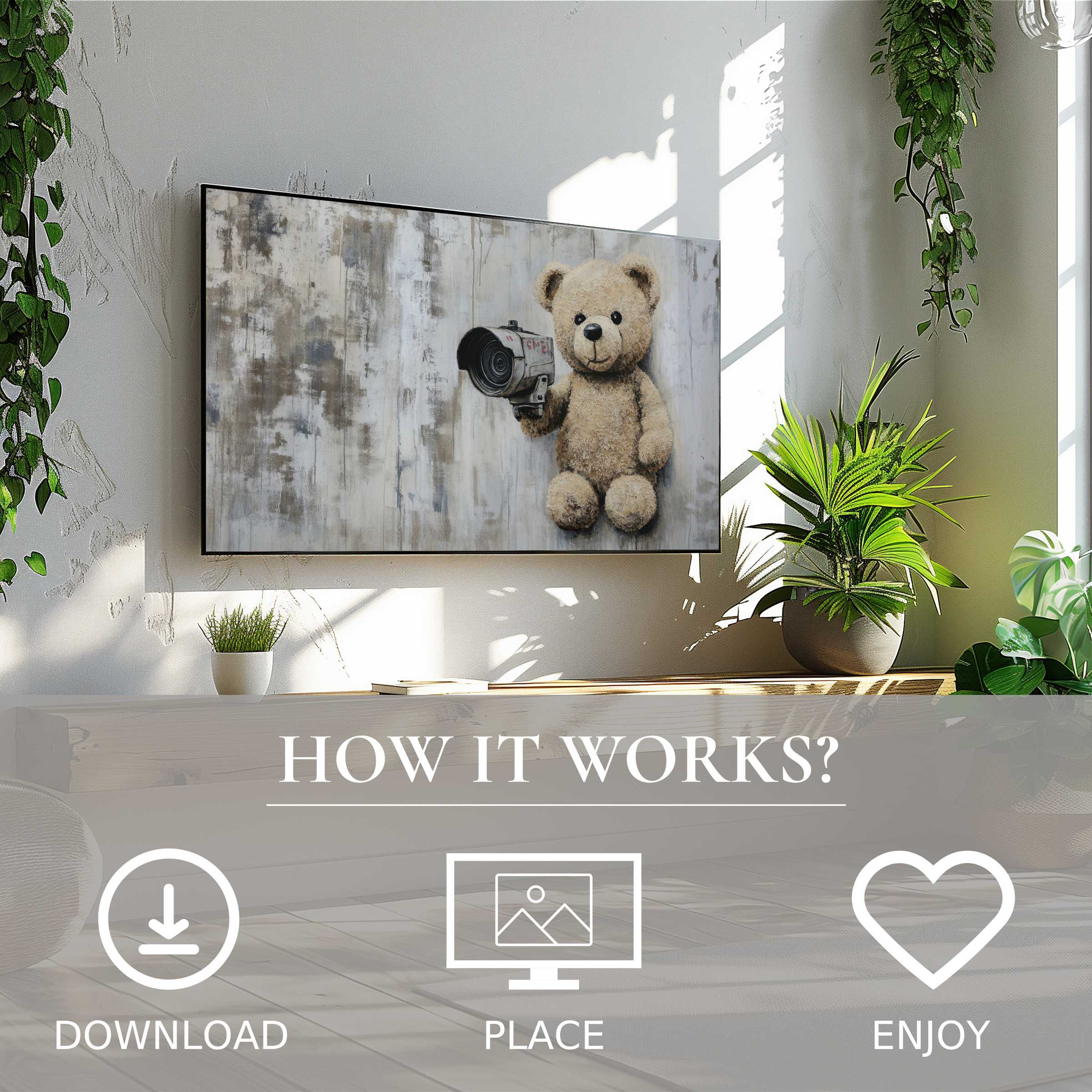 Modern living room with greenery featuring street art for Samsung TV; teddy bear motif adds charm, easy digital download