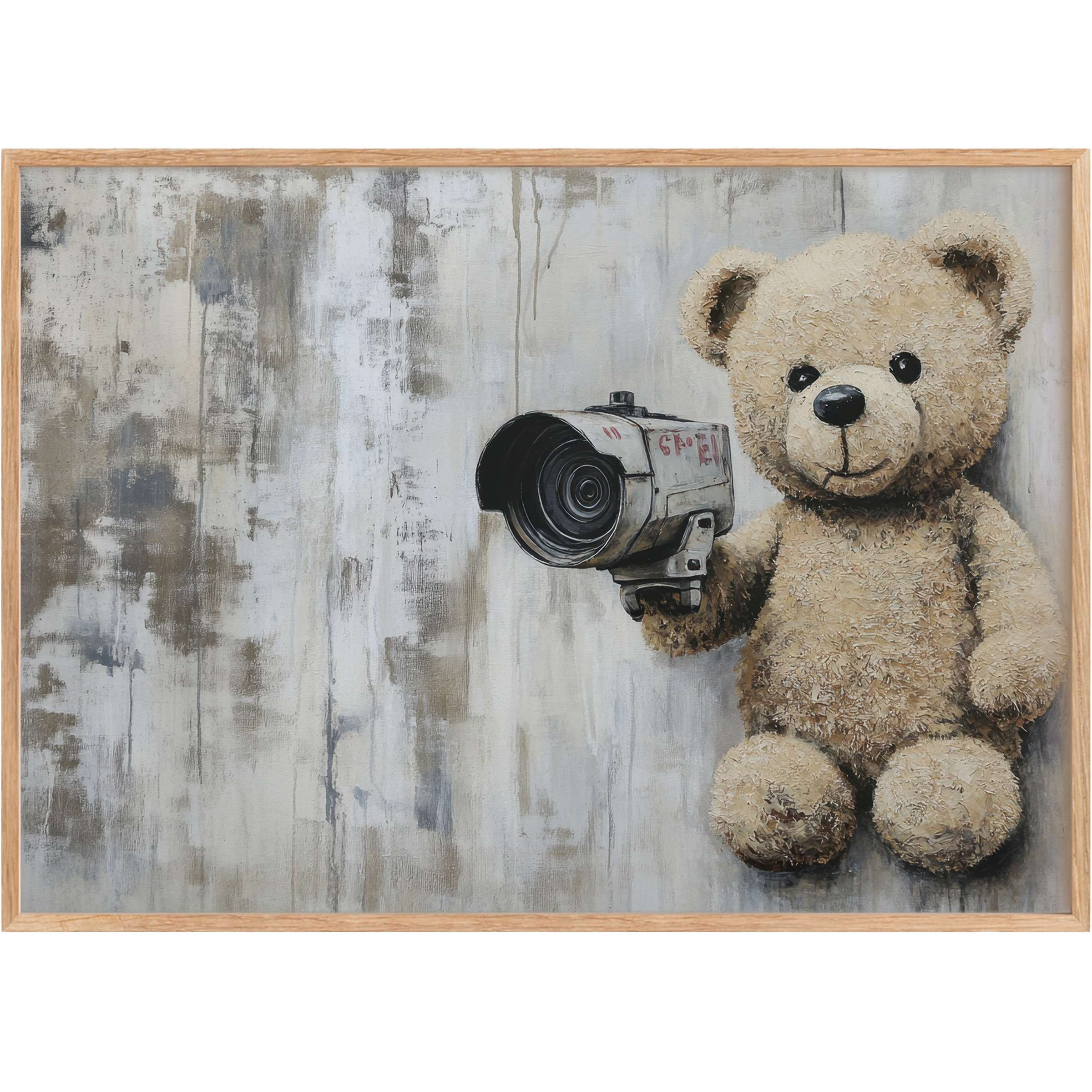 Playful yet provocative street art printable wall art featuring a textured teddy bear holding a vintage camera, creating a bold, urban-chic mood with muted greys and warm beige tones
