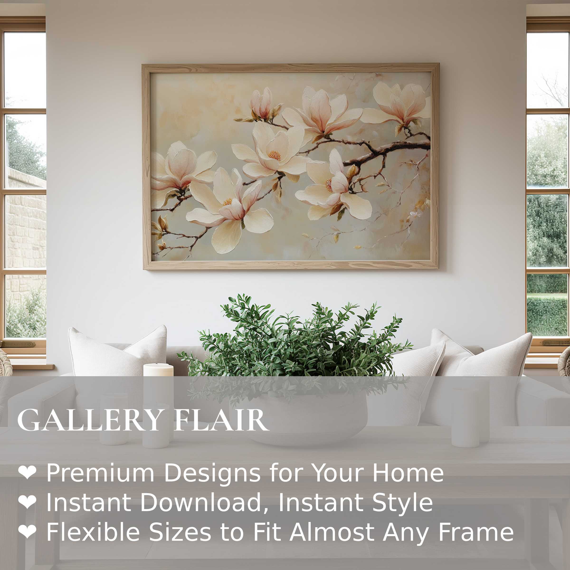 Elegant floral wall art print showcasing soft magnolia blooms in muted tones, enhancing serene modern farmhouse interiors with calming sophistication