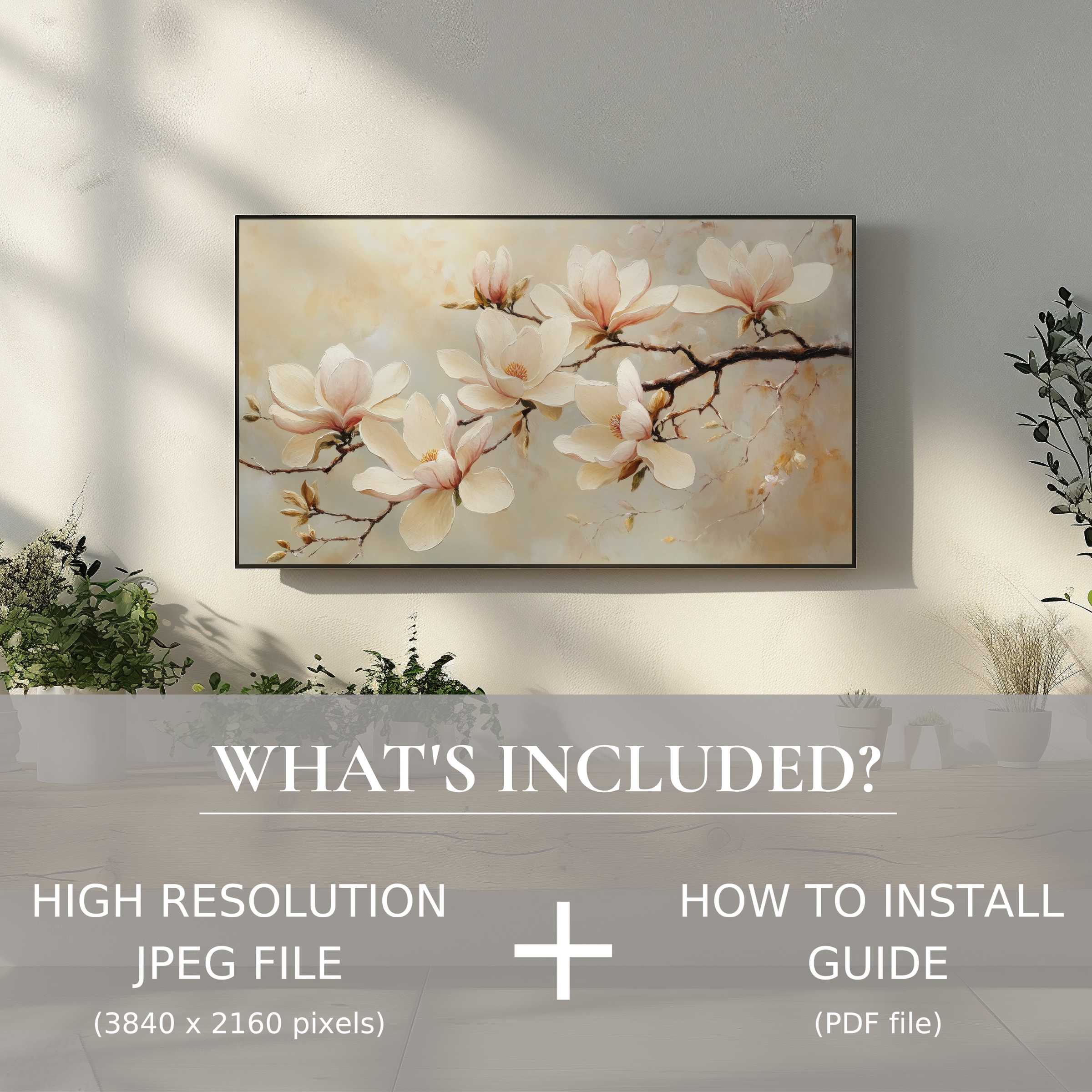 Elegant living space enhanced by floral digital TV art download, easy to use with high-res file and install guide