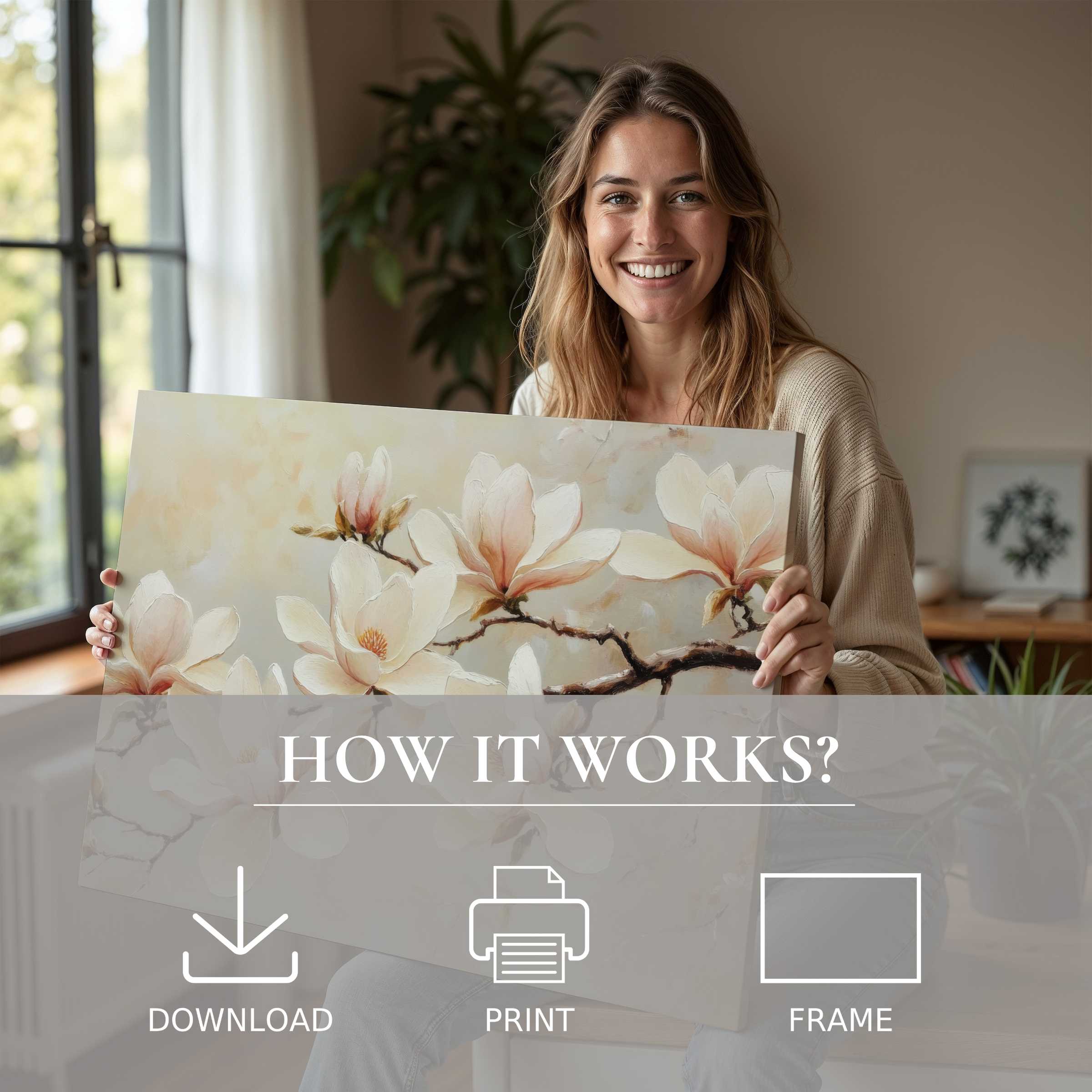 Radiant joy in a modern home as a serene floral digital art print brings effortless elegance and warmth to living spaces
