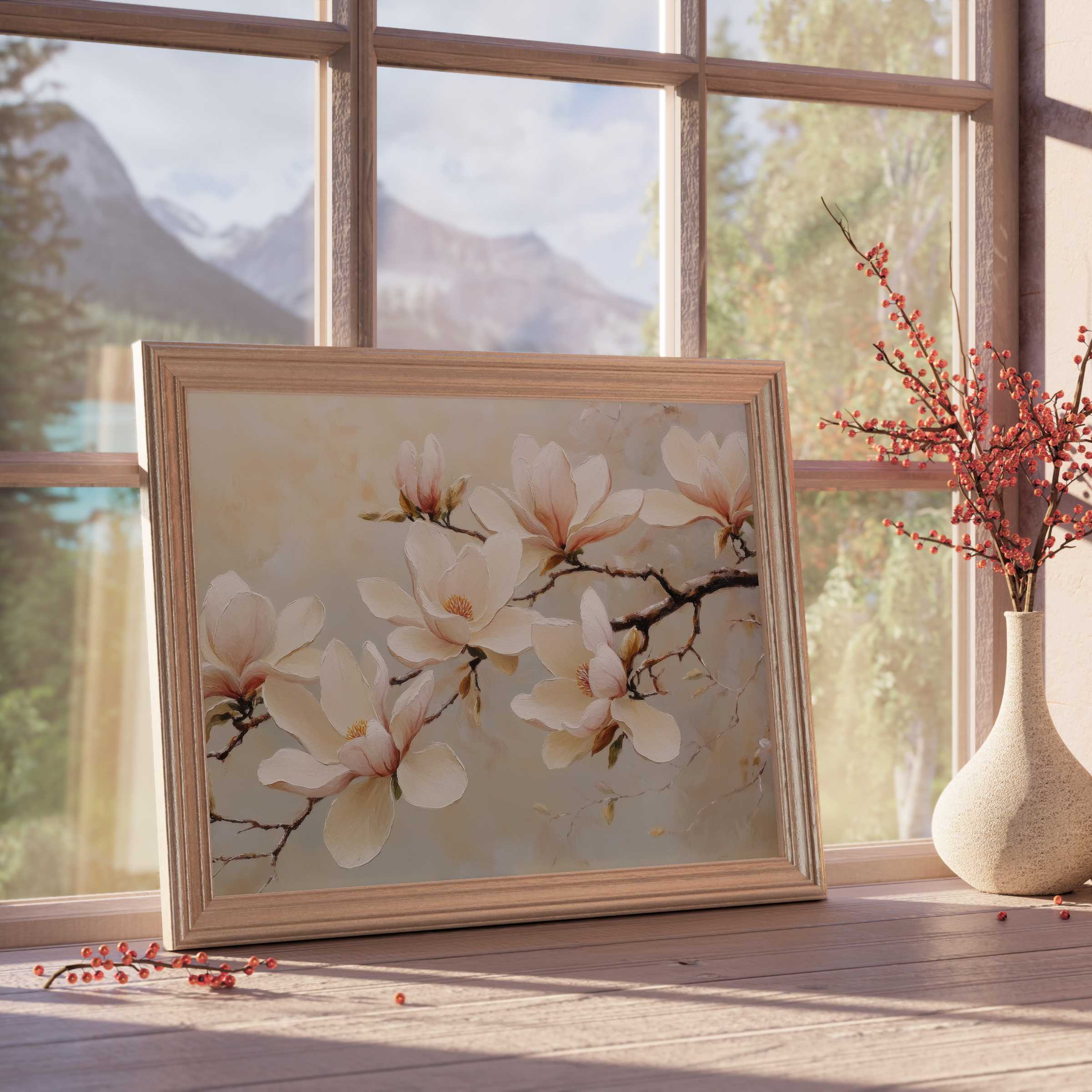Delicate floral downloadable art with soft magnolia blooms, enhancing tranquil, curated interiors with warm natural light