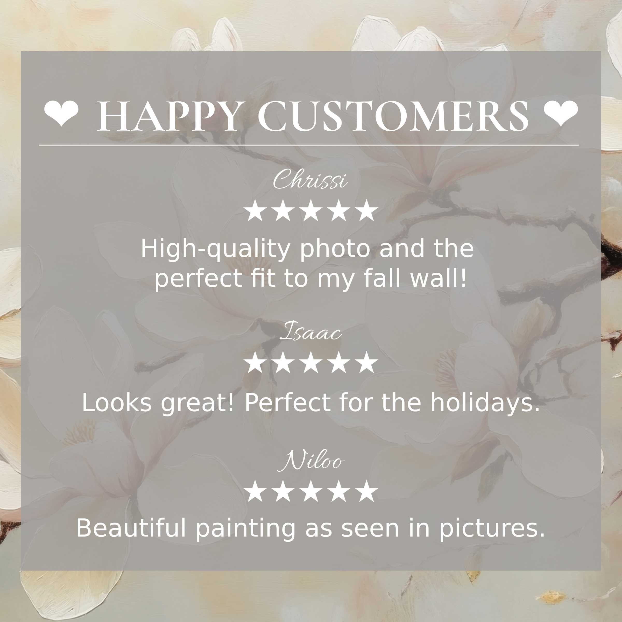 Elegant floral art for Frame TV with abstract sunset hues, showcasing positive reviews from happy customers for refined trust