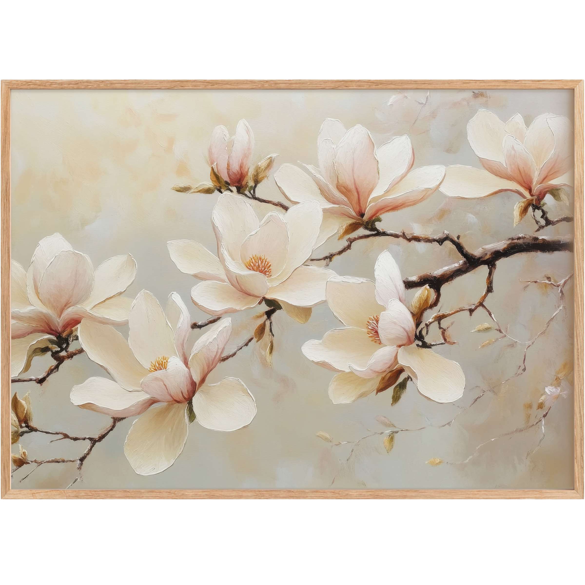 Elegant floral printable wall art featuring soft blush and cream magnolias, creating a serene, refined ambiance