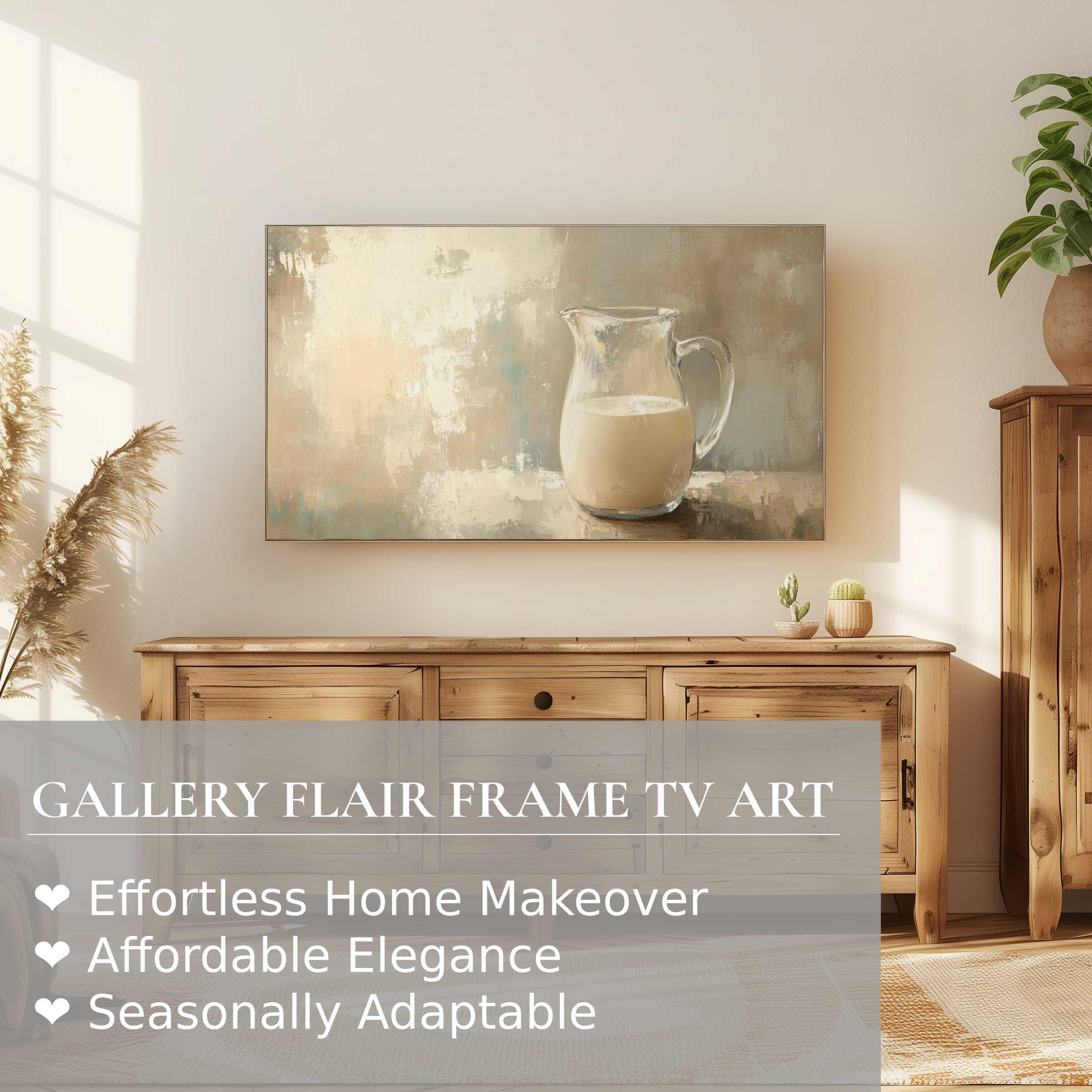 Modern farmhouse digital artwork of a milk pitcher enhancing a warm room with Samsung Frame TV elegance