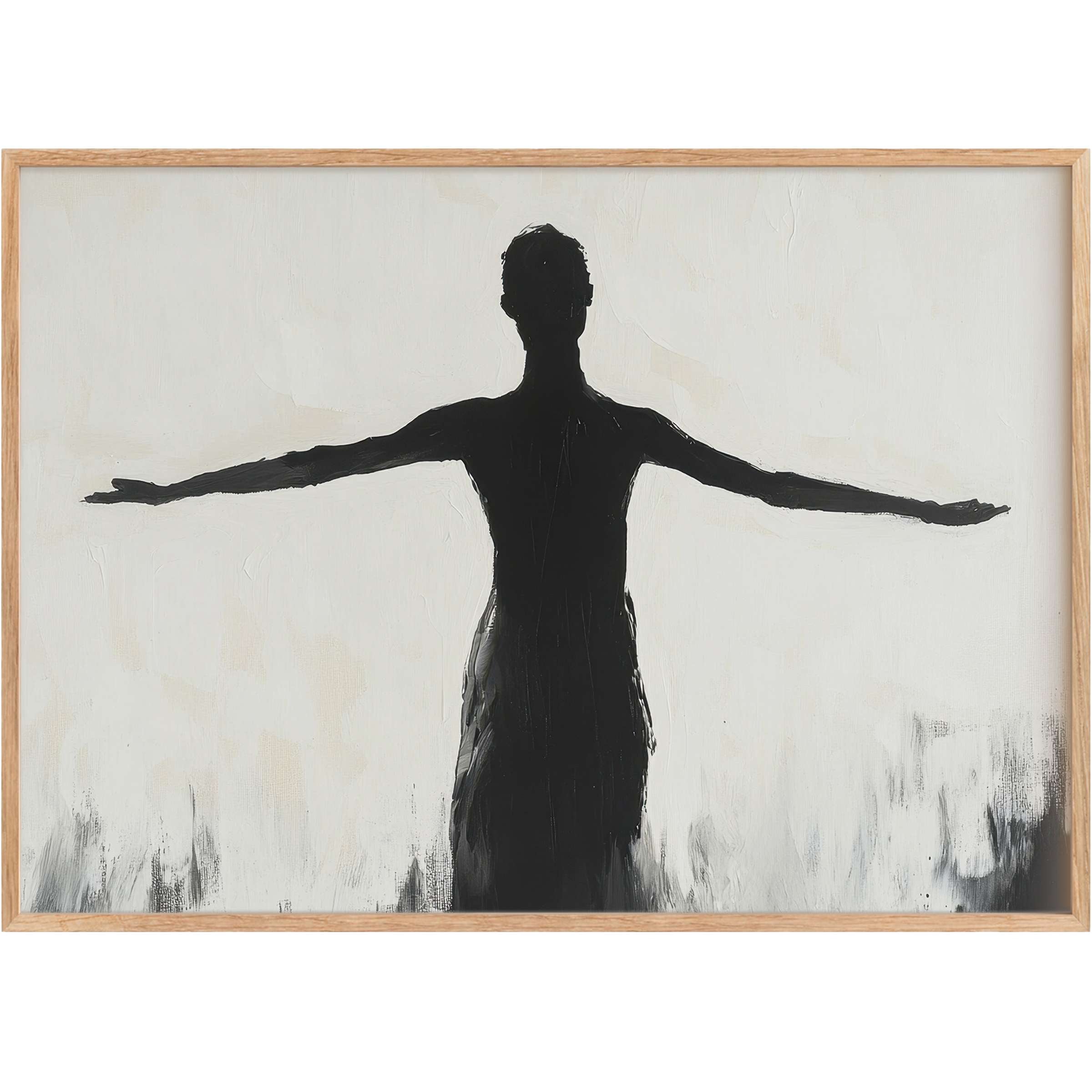 Minimalist printable wall art of a poised black silhouette with outstretched arms, evoking serene strength and graceful balance
