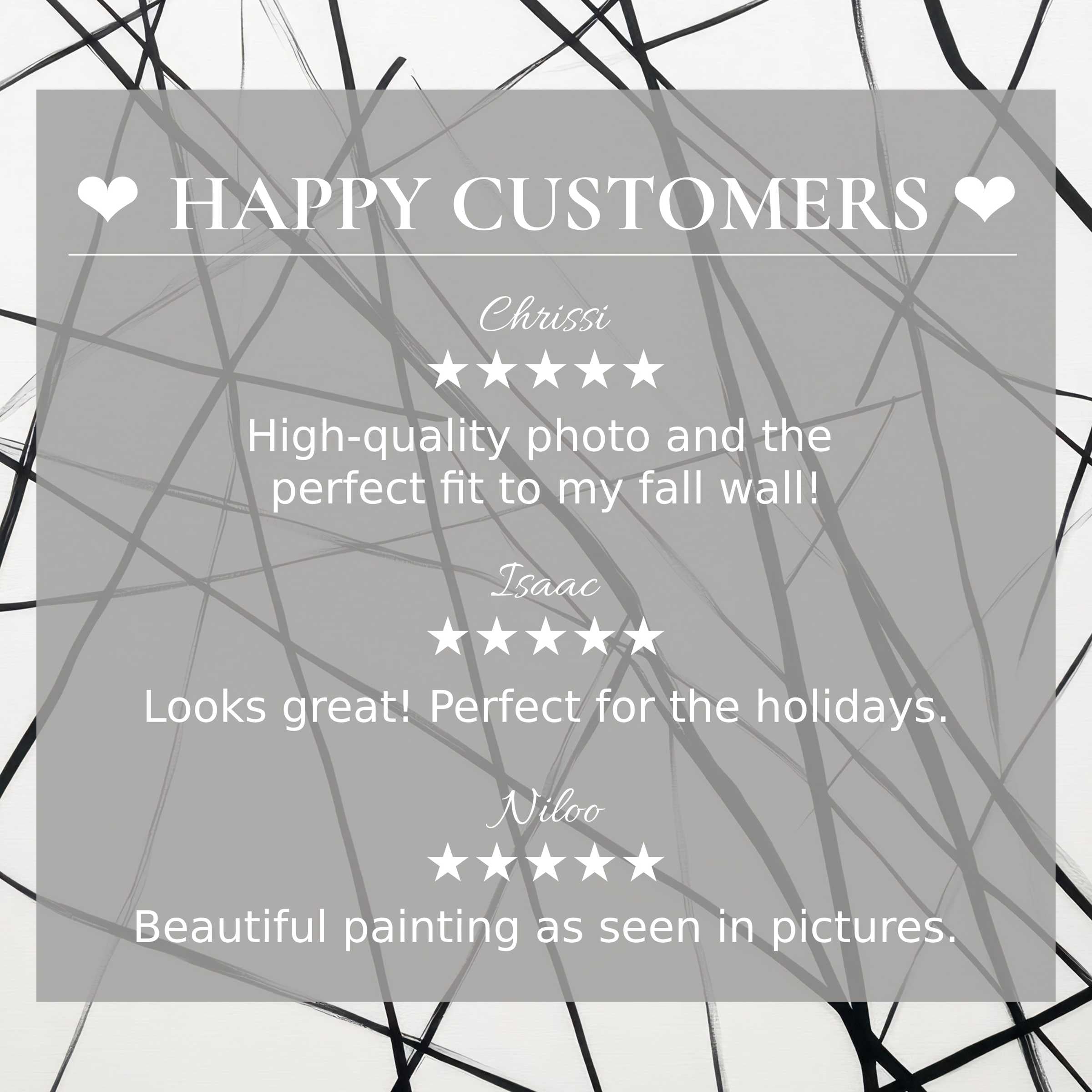Modern art for Frame TV with abstract black lines on white, showcasing happy customer reviews and elegant trust-building design