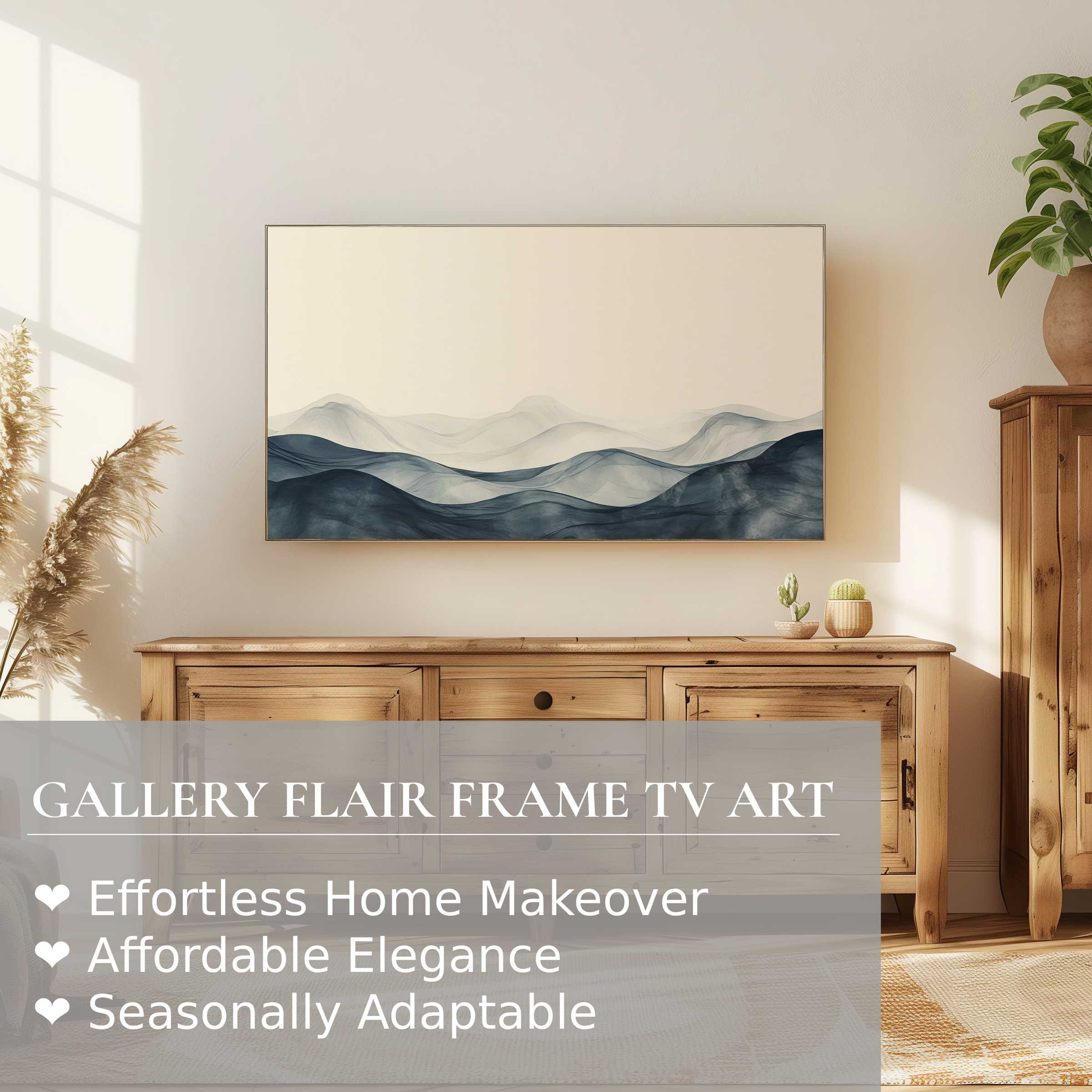 Modern living room with wooden furniture showcasing neutral digital artwork on Samsung Frame TV in soft natural light